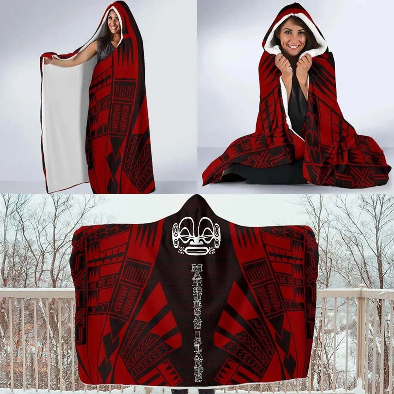 Marquesas Islands Hooded Blanket - Polynesian Tattoo Red 4