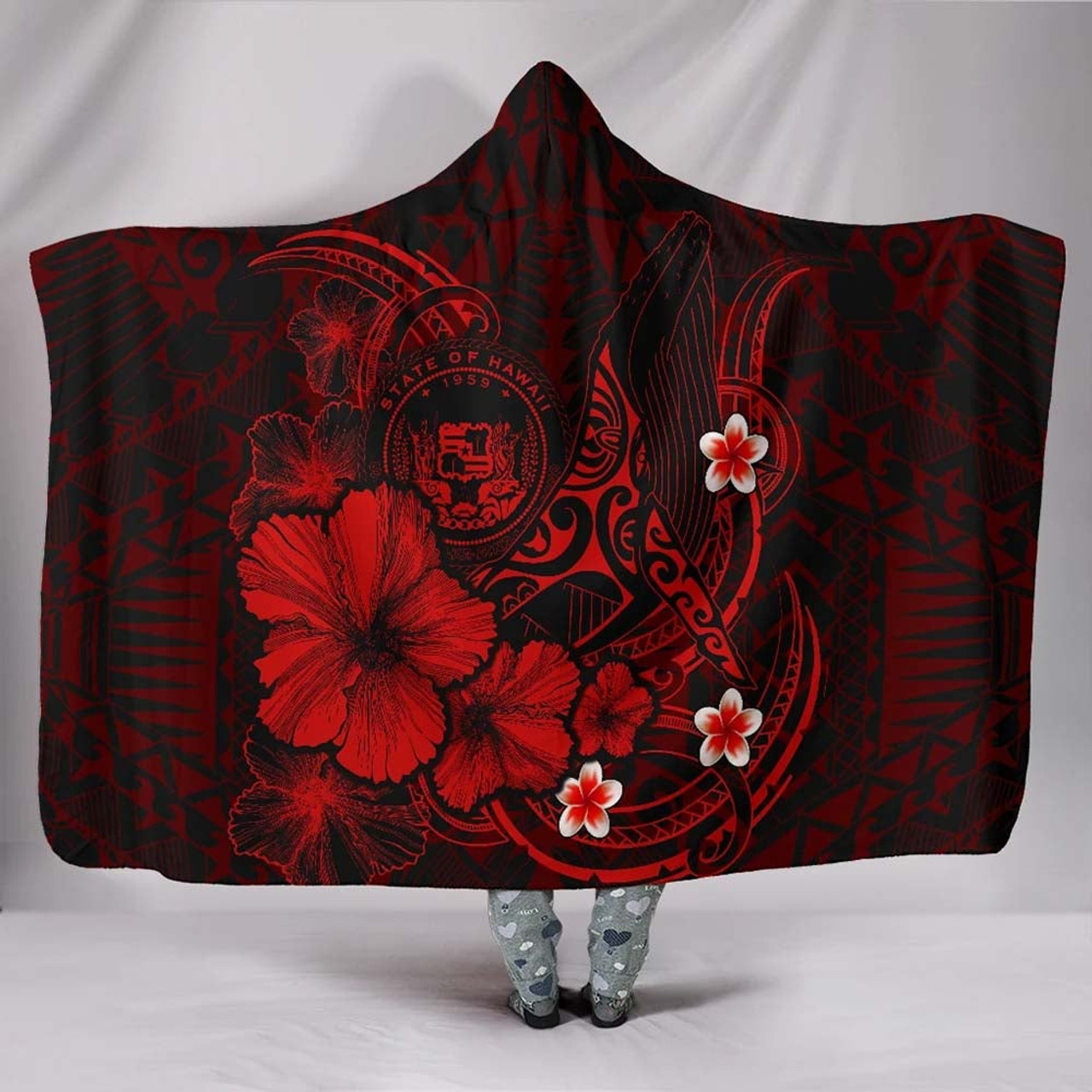 Polynesian Hawaii Hooded Blanket - Humpback Whale with Hibiscus (Red) 1