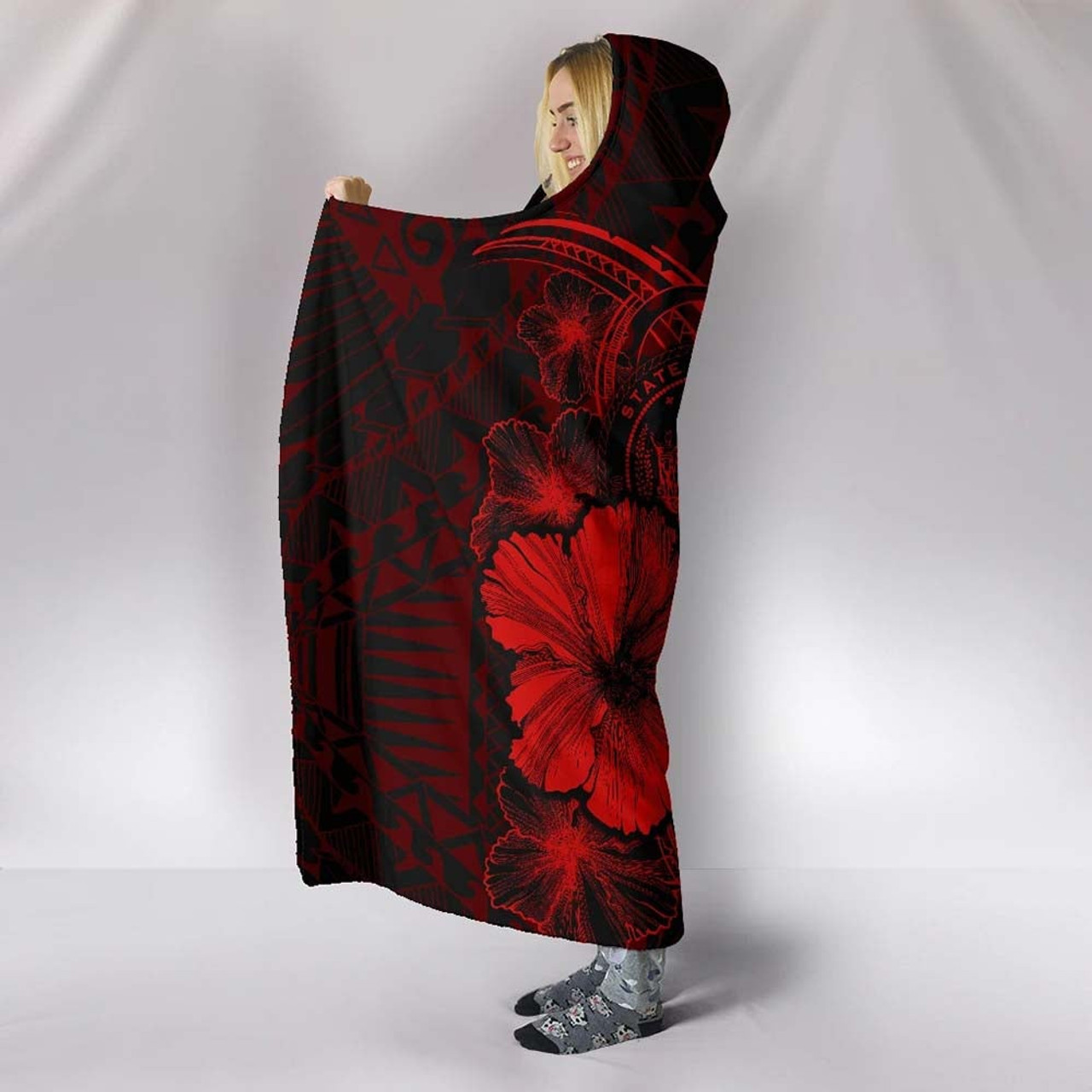 Polynesian Hawaii Hooded Blanket - Humpback Whale with Hibiscus (Red) 4