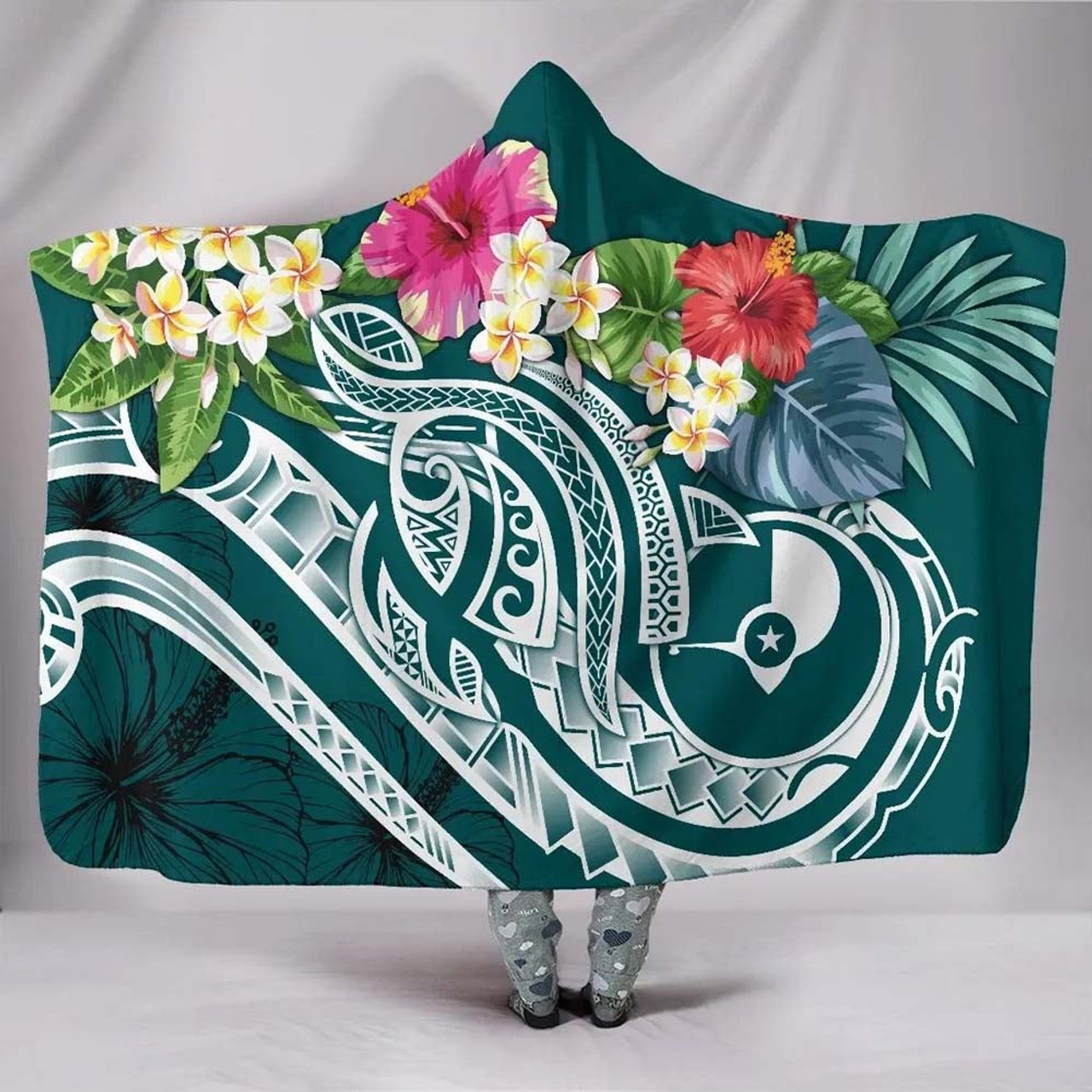 YAP Polynesian Hooded Blanket - Summer Plumeria (Turquoise) 1