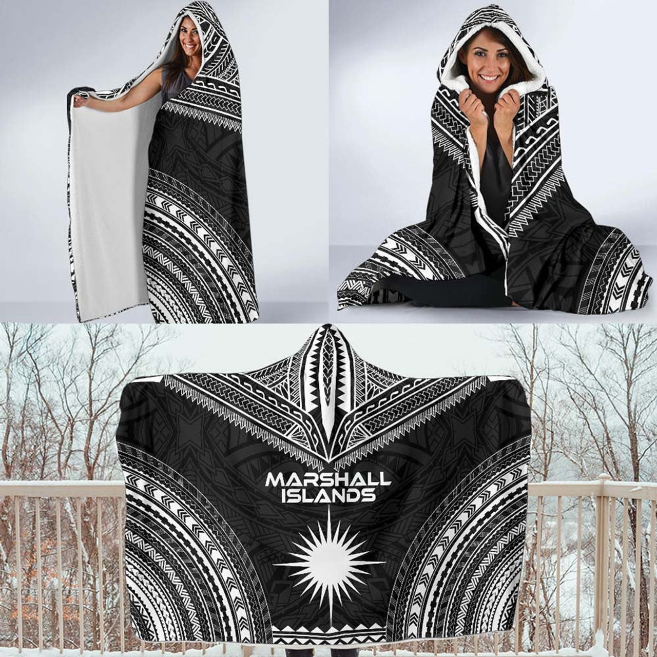 Marshall Islands Polynesian Chief Hooded Blanket - Black Version 4