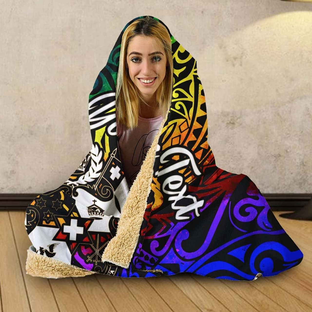 Tonga Custom Personalised Hooded Blanket - Rainbow Polynesian Pattern 2