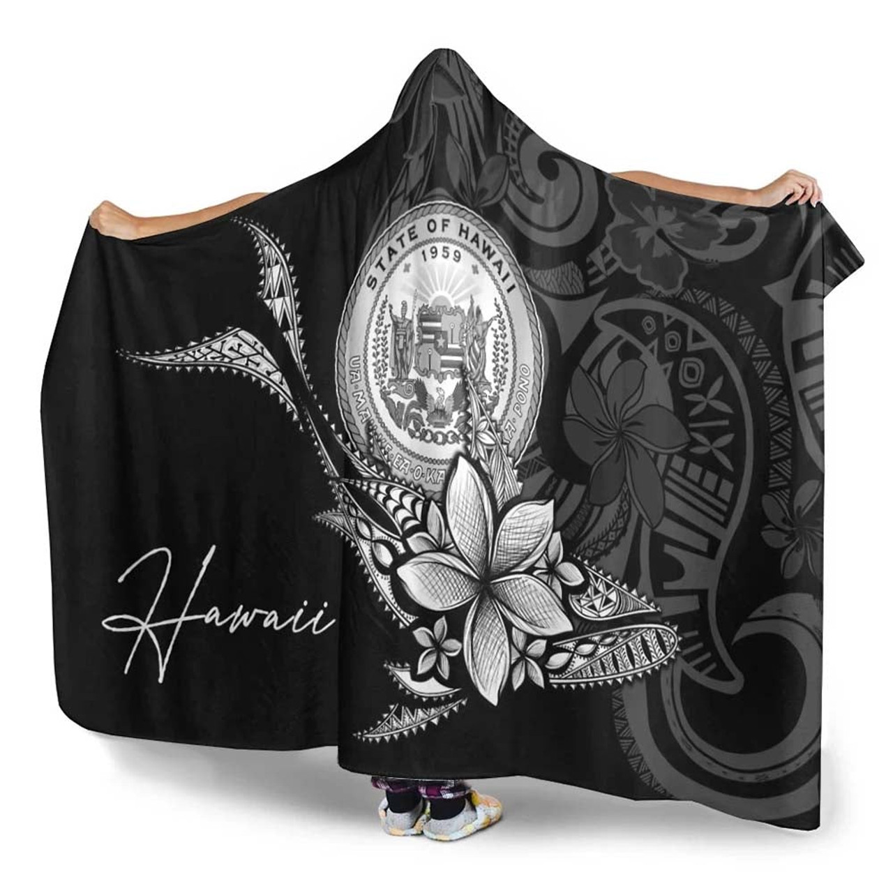 Hawaii Hooded Blanket - Fish With Plumeria Flowers Style 3