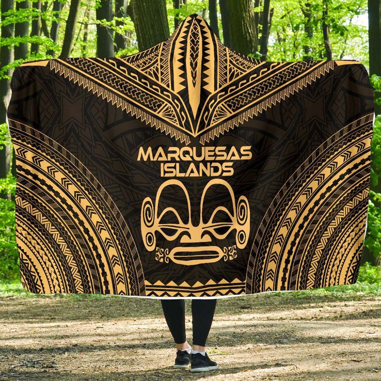 Marquesas Islands Polynesian Chief Hooded Blanket - Gold Version 1