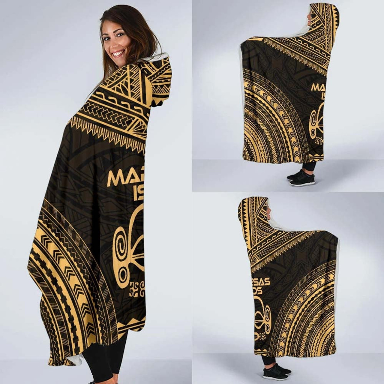 Marquesas Islands Polynesian Chief Hooded Blanket - Gold Version 2
