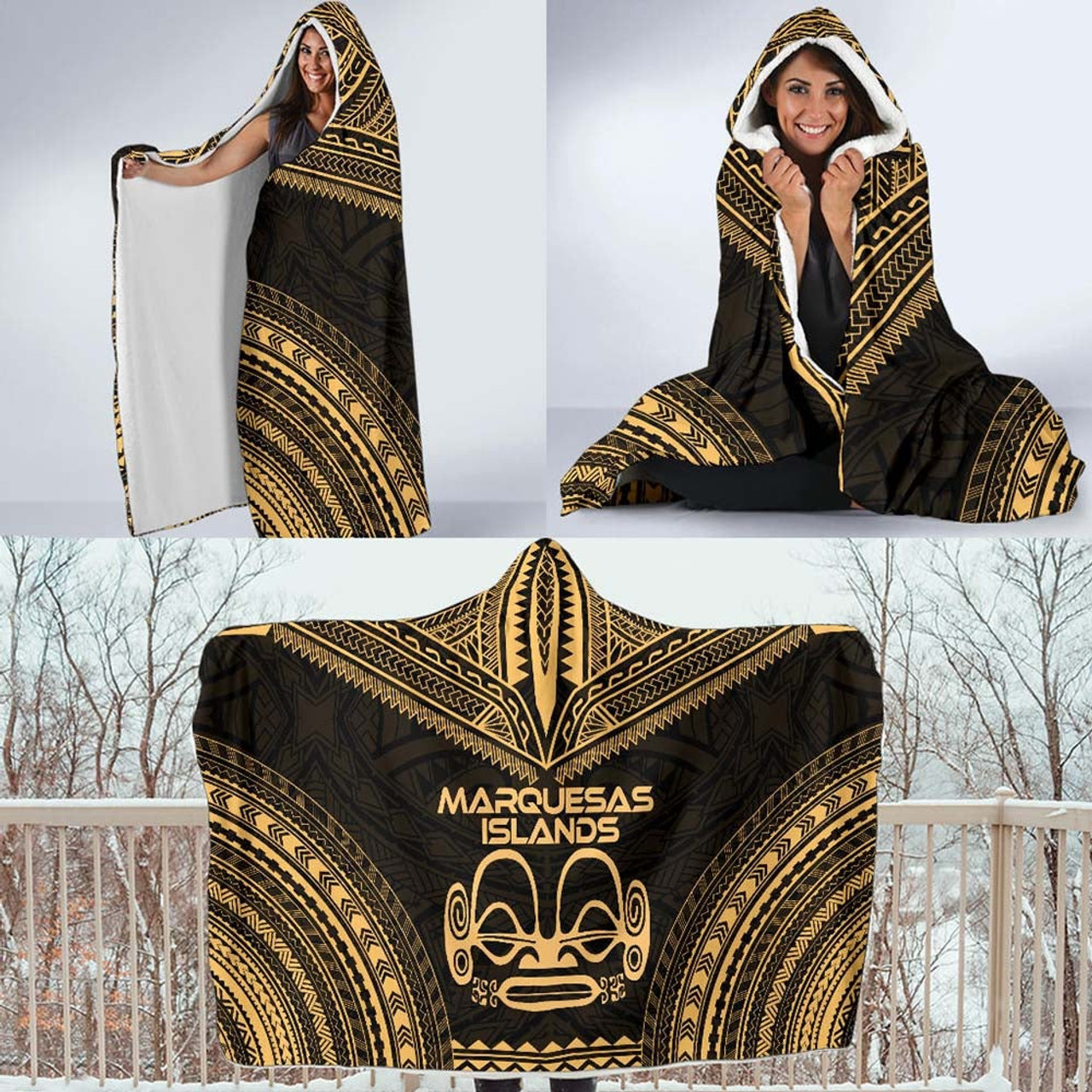 Marquesas Islands Polynesian Chief Hooded Blanket - Gold Version 4