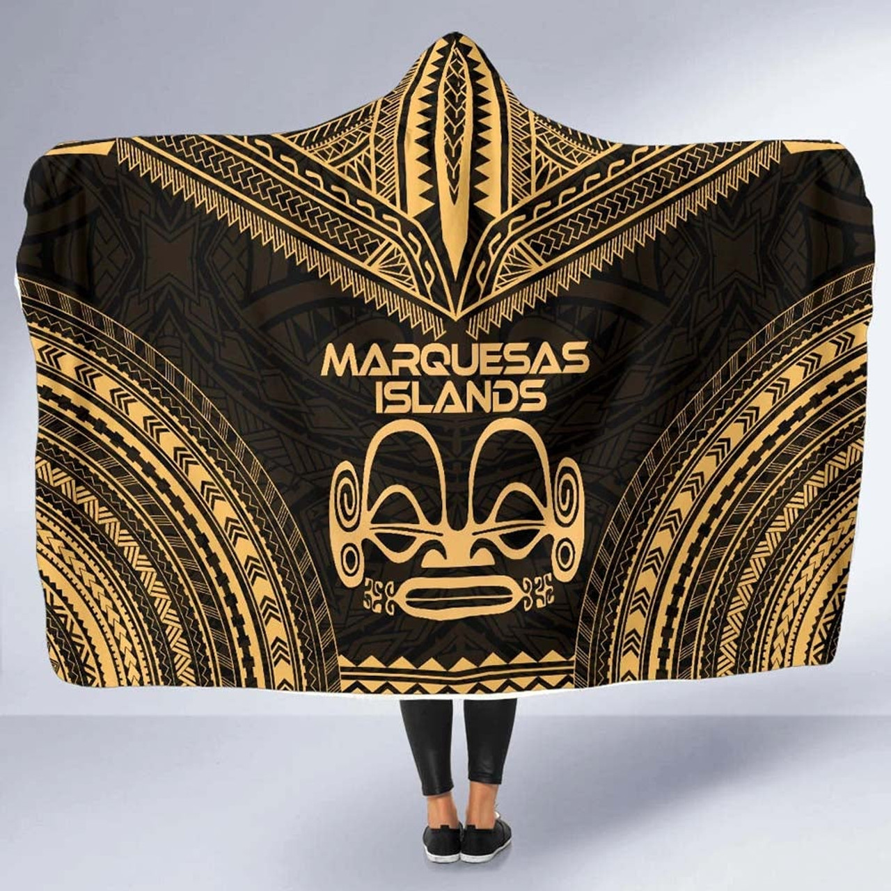 Marquesas Islands Polynesian Chief Hooded Blanket - Gold Version 5