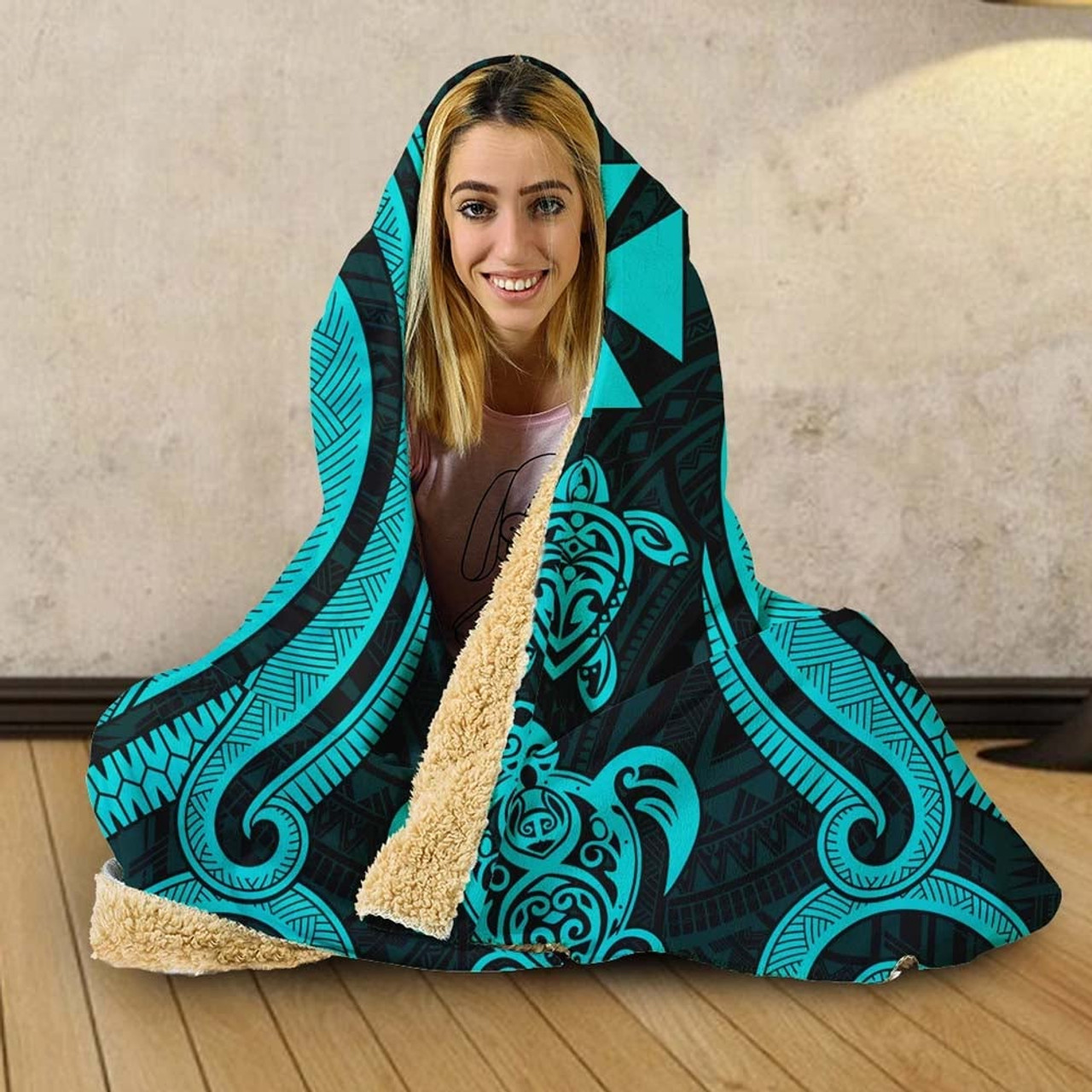 Wallis and Futuna Hooded Blanket - Turquoise Tentacle Turtle 4