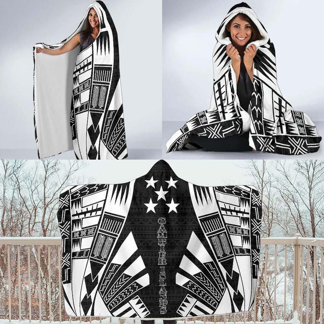 Gambier Islands Hooded Blanket - Polynesian Tattoo Black 4