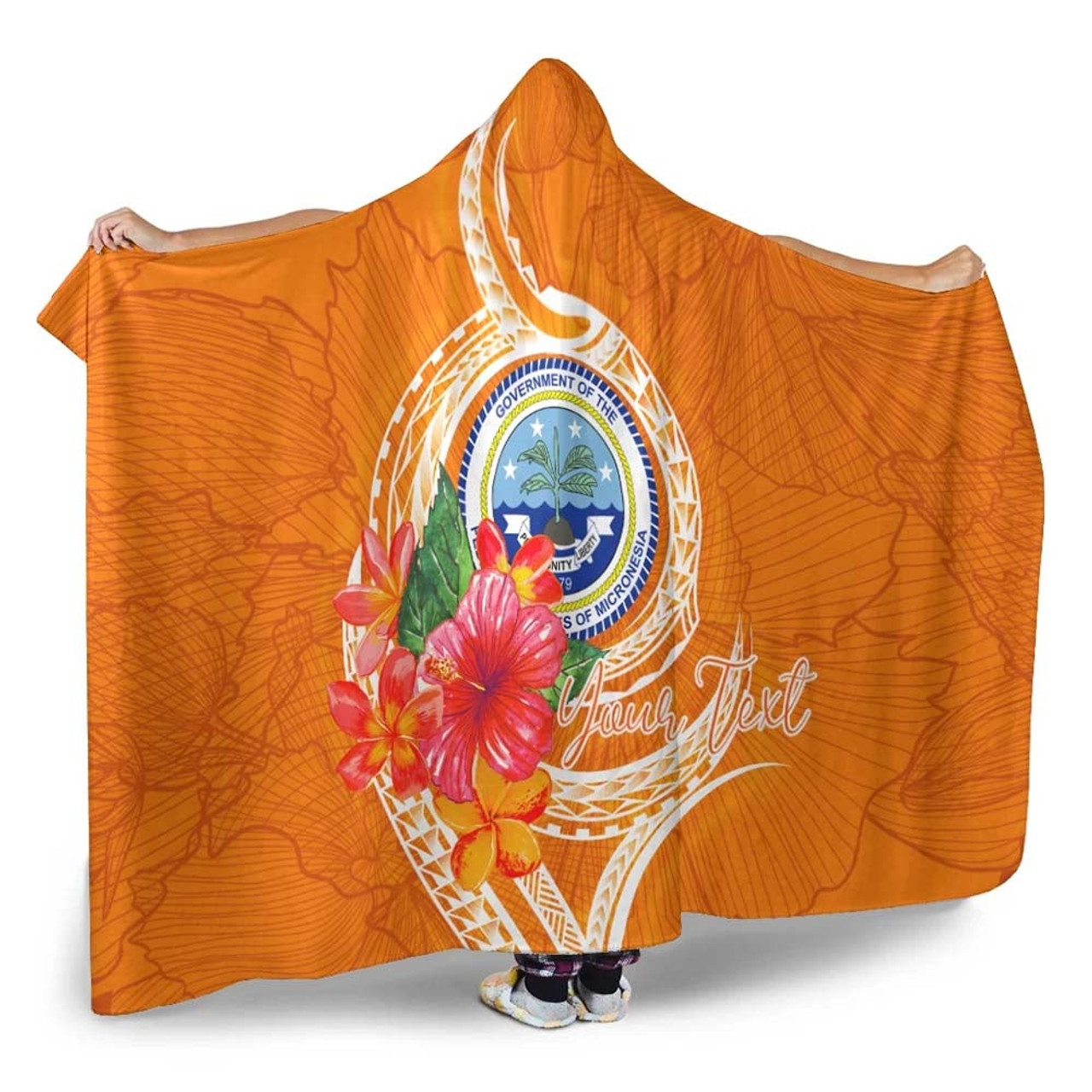 Federated States Of Micronesia Custom Personalised Hooded Blanket - Orange Floral With Seal 3