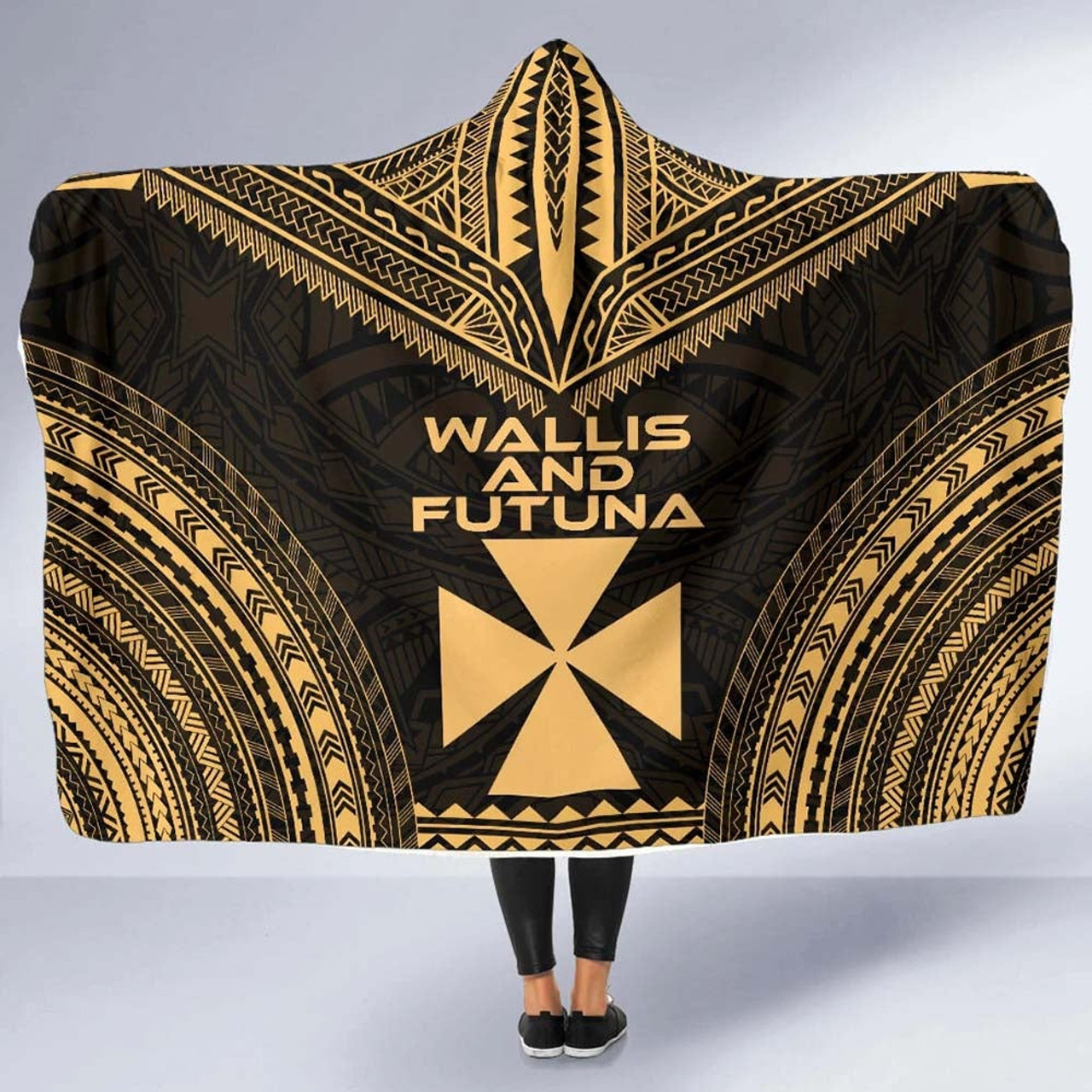 Wallis And Futuna Polynesian Chief Hooded Blanket - Gold Version 5