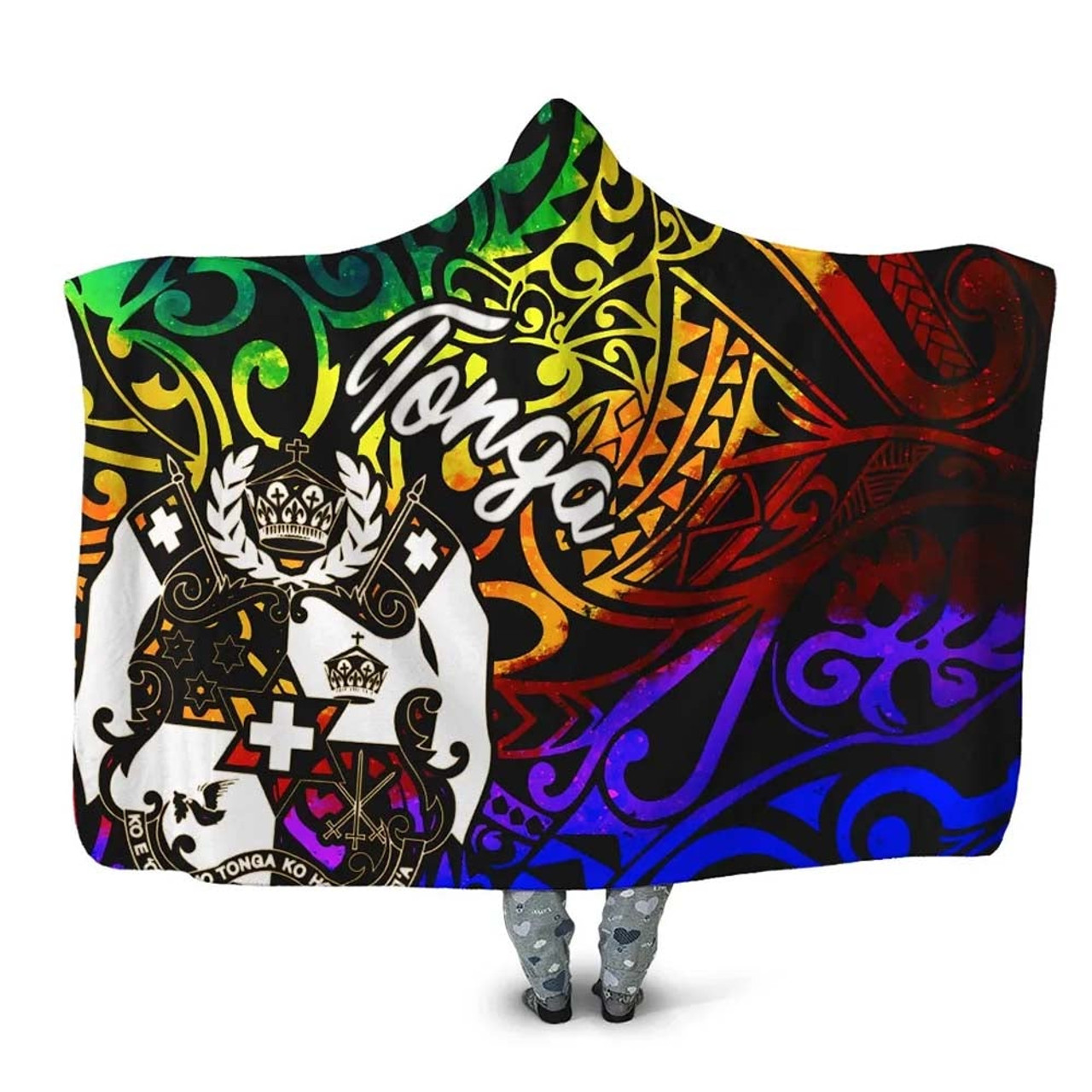 Tonga Hooded Blanket - Rainbow Polynesian Pattern 1
