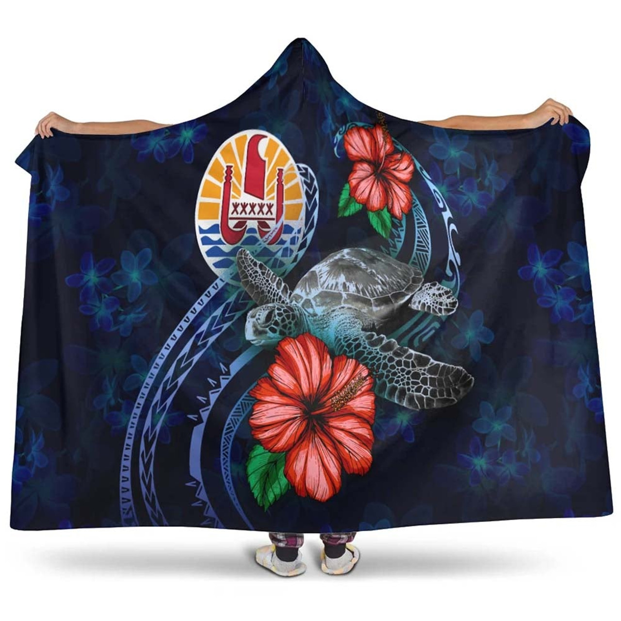 Tahiti Polynesian Hooded Blanket - Blue Turtle Hibiscus 1