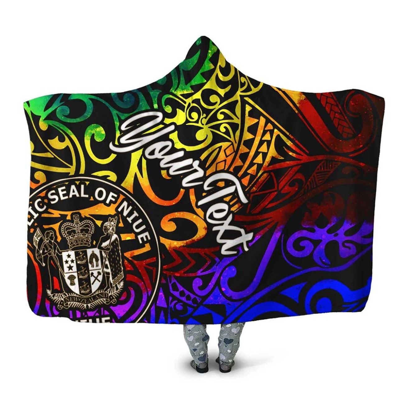 Niue Custom Personalised Hooded Blanket - Rainbow Polynesian Pattern 1