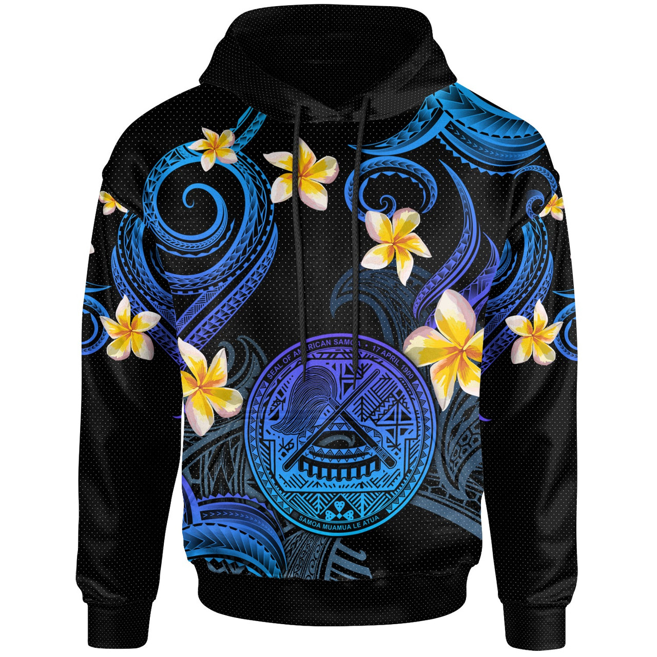 American Samoa Hoodie - Custom Personalised Polynesian Waves with Plumeria Flowers (Blue)