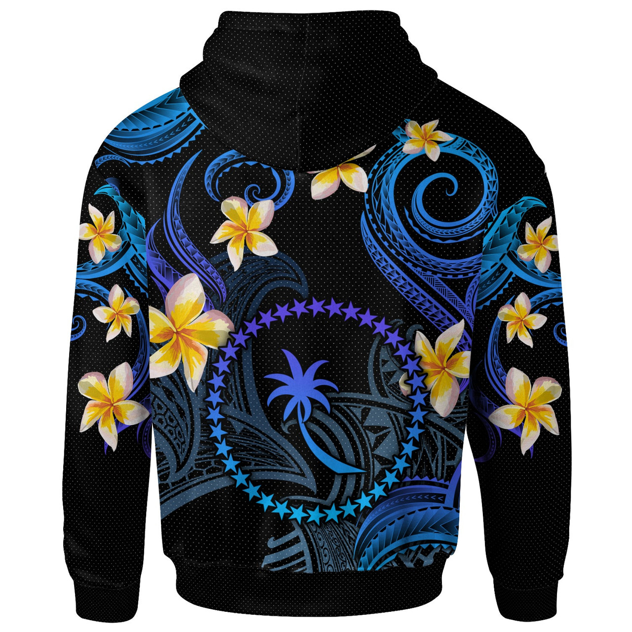 Chuuk Hoodie - Custom Personalised Polynesian Waves with Plumeria Flowers (Blue)