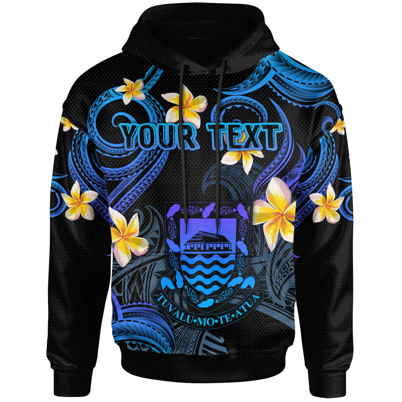 Tuvalu Hoodie - Custom Personalised Polynesian Waves with Plumeria Flowers (Blue)