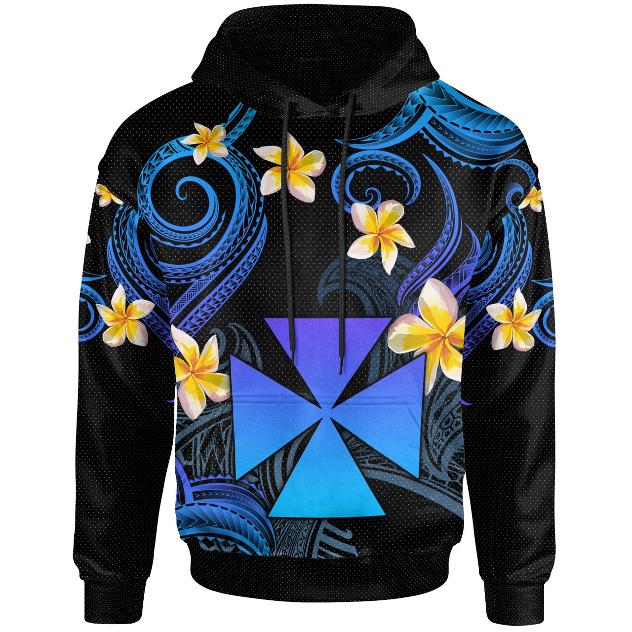 Wallis and Futuna Hoodie - Custom Personalised Polynesian Waves with Plumeria Flowers (Blue)