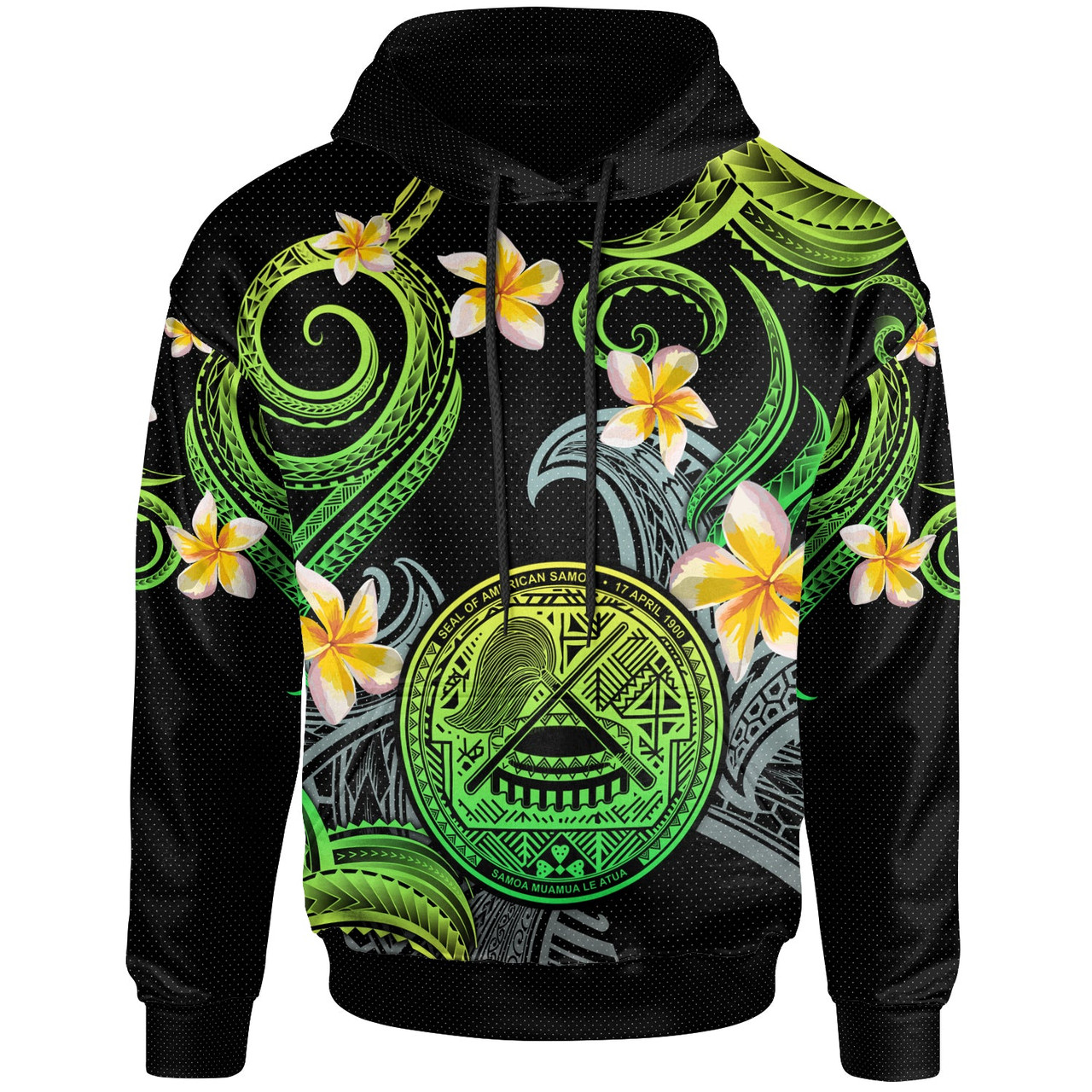 American Samoa Hoodie - Custom Personalised Polynesian Waves with Plumeria Flowers (Green)