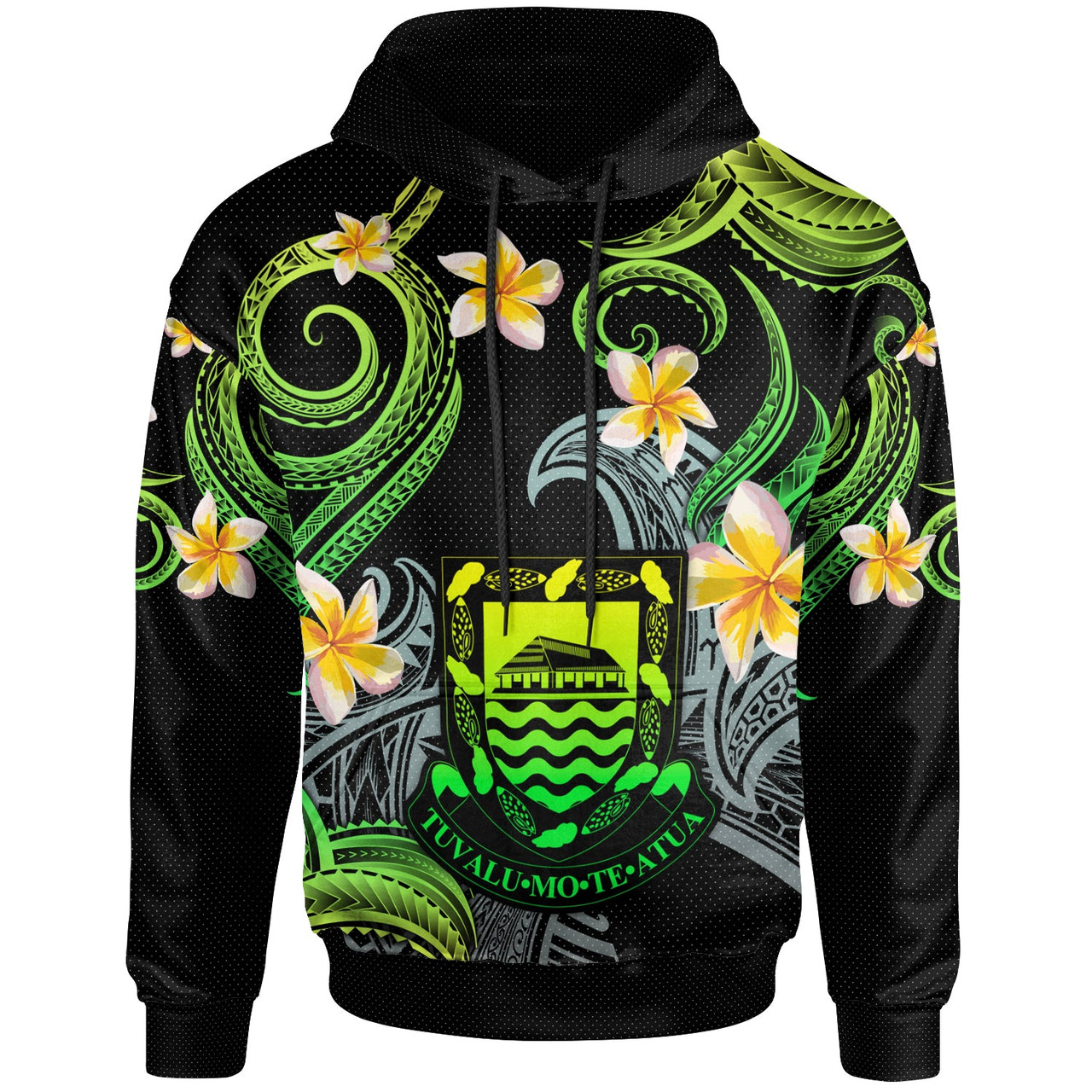 Tuvalu Hoodie - Custom Personalised Polynesian Waves with Plumeria Flowers (Green)