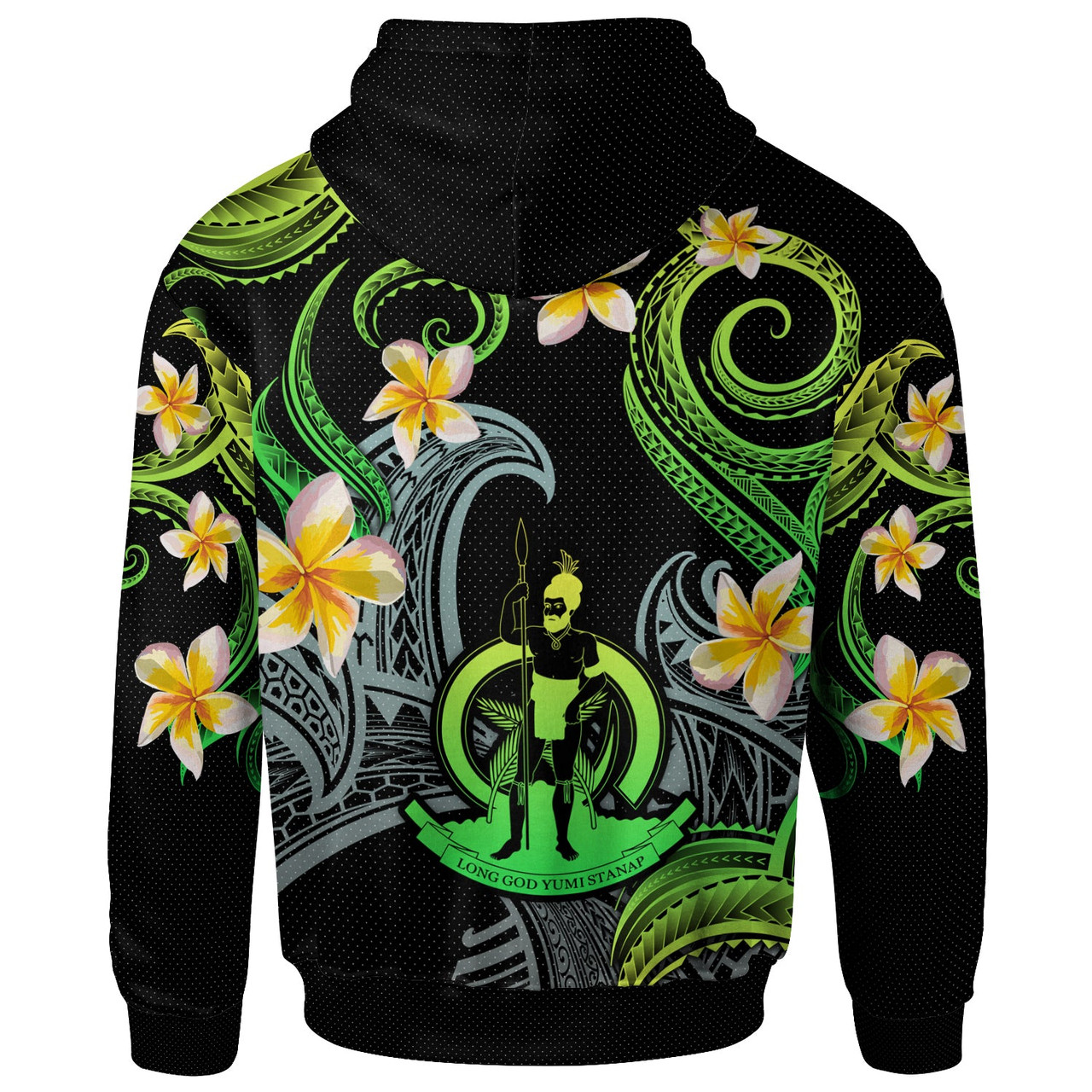 Vanuatu Hoodie - Custom Personalised Polynesian Waves with Plumeria Flowers (Green)