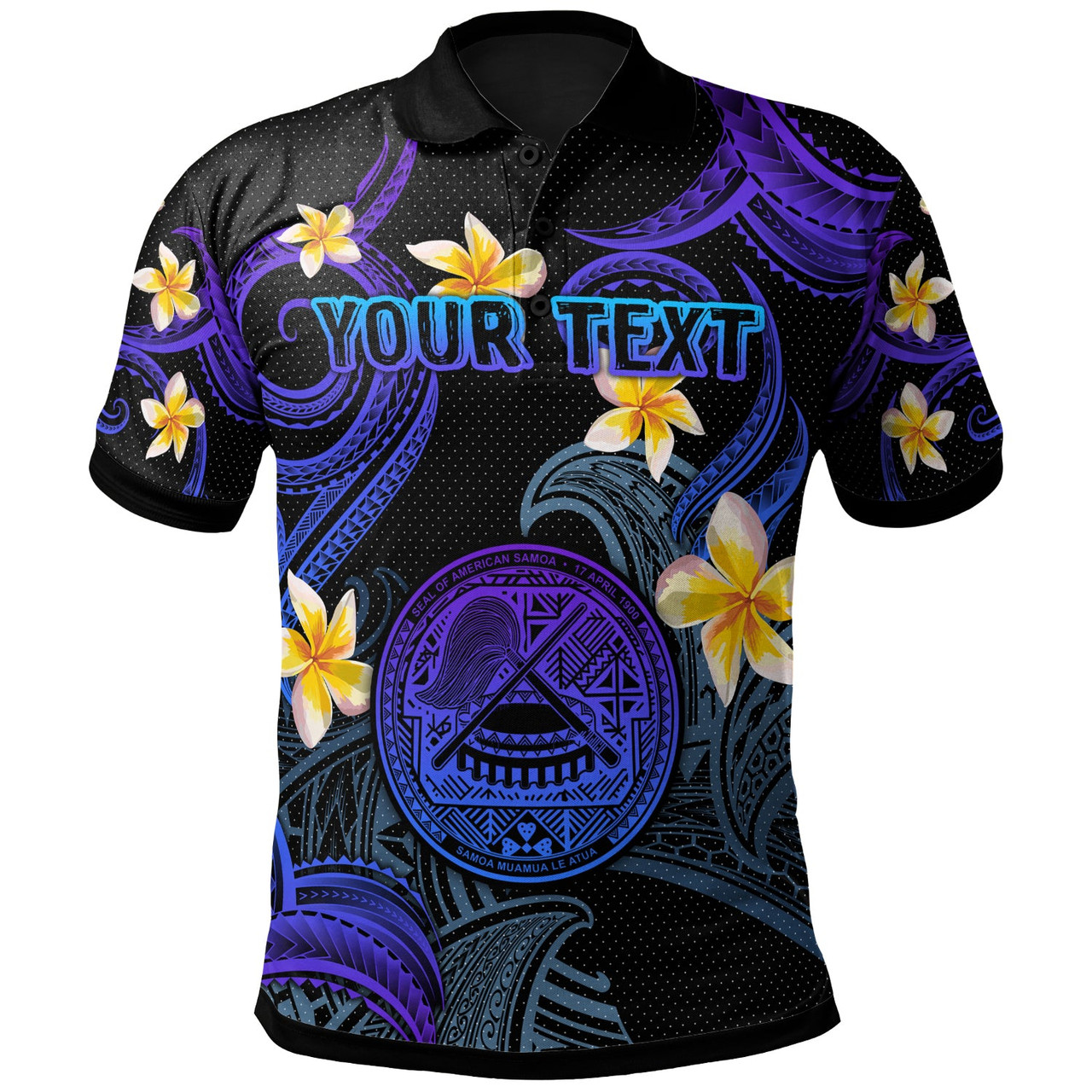 American Samoa Polo Shirt - Custom Personalised Polynesian Waves with Plumeria Flowers (Blue)