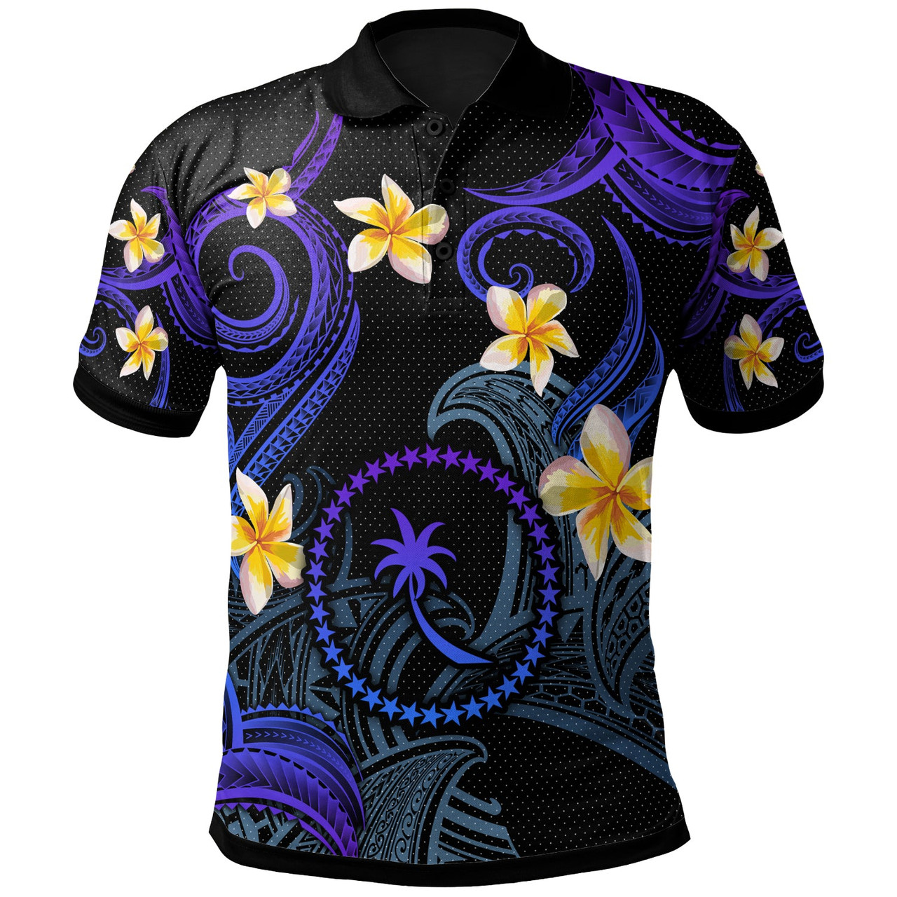 Chuuk Polo Shirt - Custom Personalised Polynesian Waves with Plumeria Flowers (Blue)
