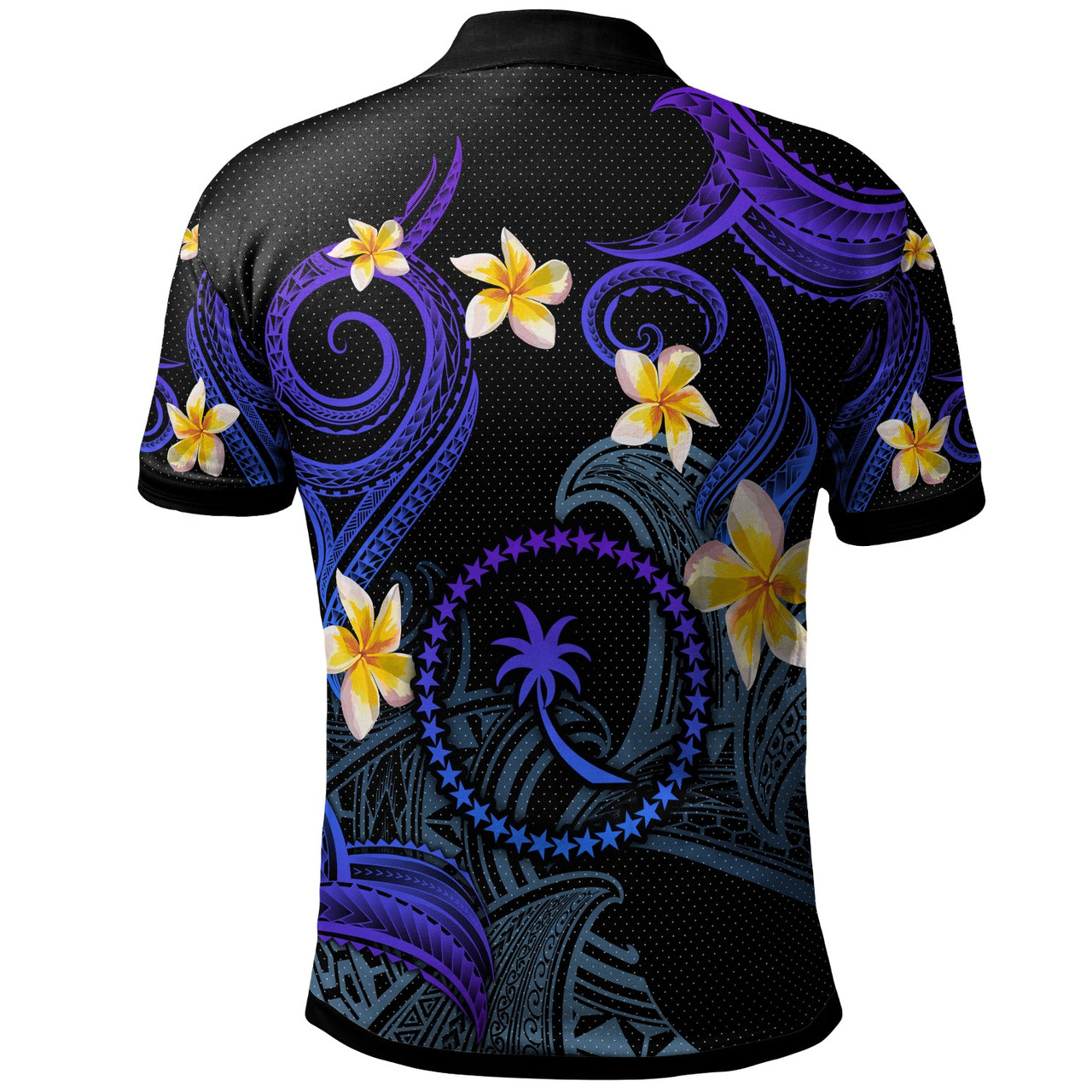 Chuuk Polo Shirt - Custom Personalised Polynesian Waves with Plumeria Flowers (Blue)