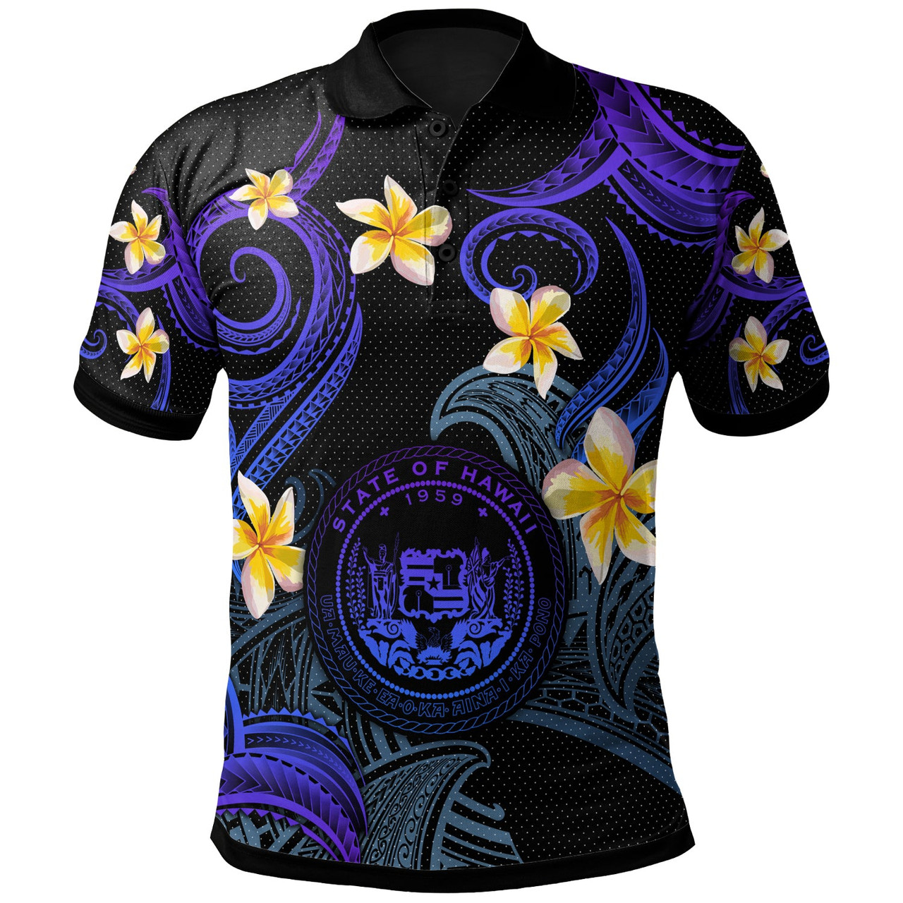 Hawaii Polo Shirt - Custom Personalised Polynesian Waves with Plumeria Flowers (Blue)