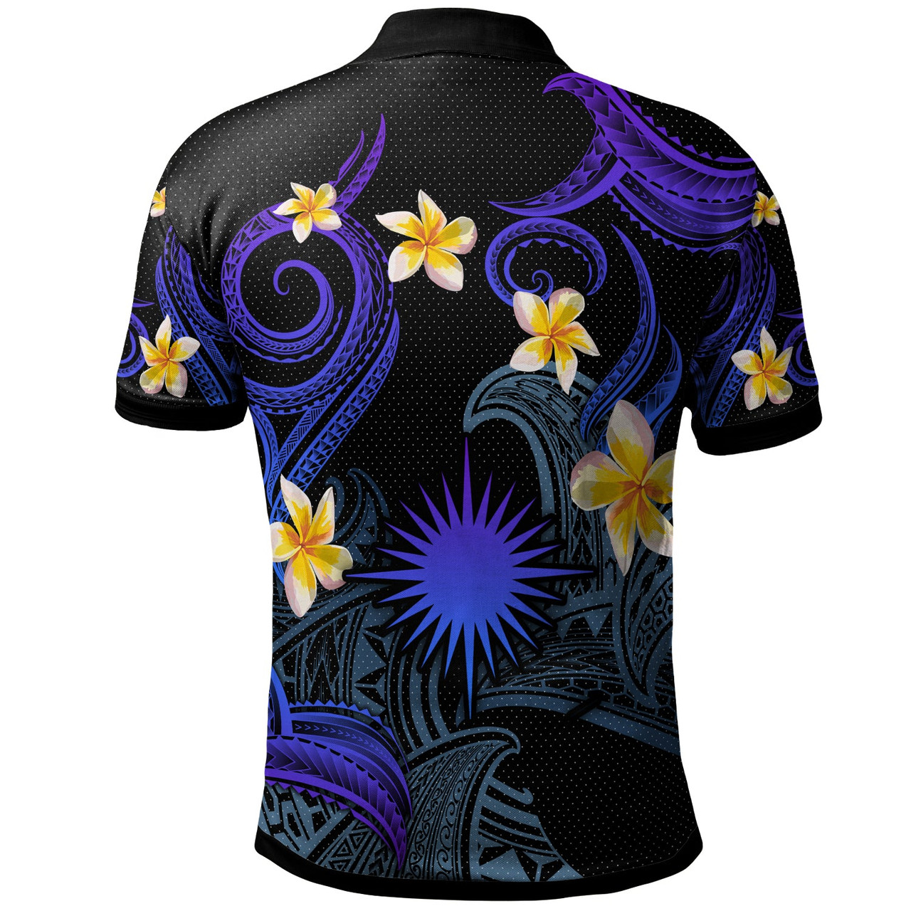 Marshall Islands Polo Shirt - Custom Personalised Polynesian Waves with Plumeria Flowers (Blue)