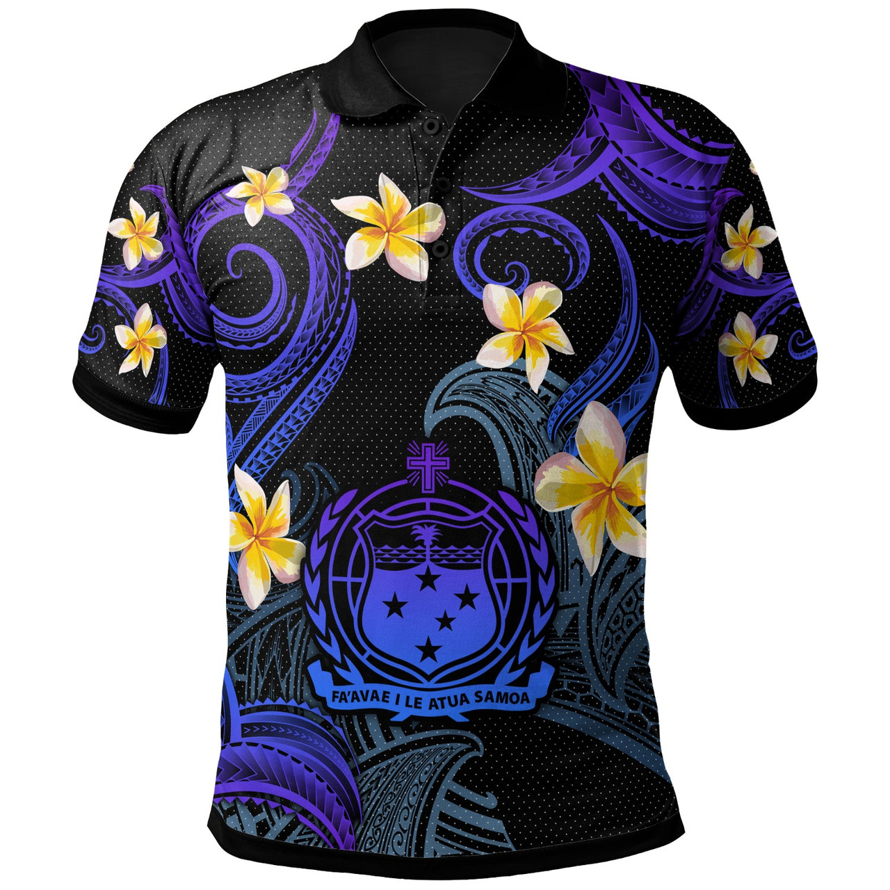 Samoa Polo Shirt - Custom Personalised Polynesian Waves with Plumeria Flowers (Blue)