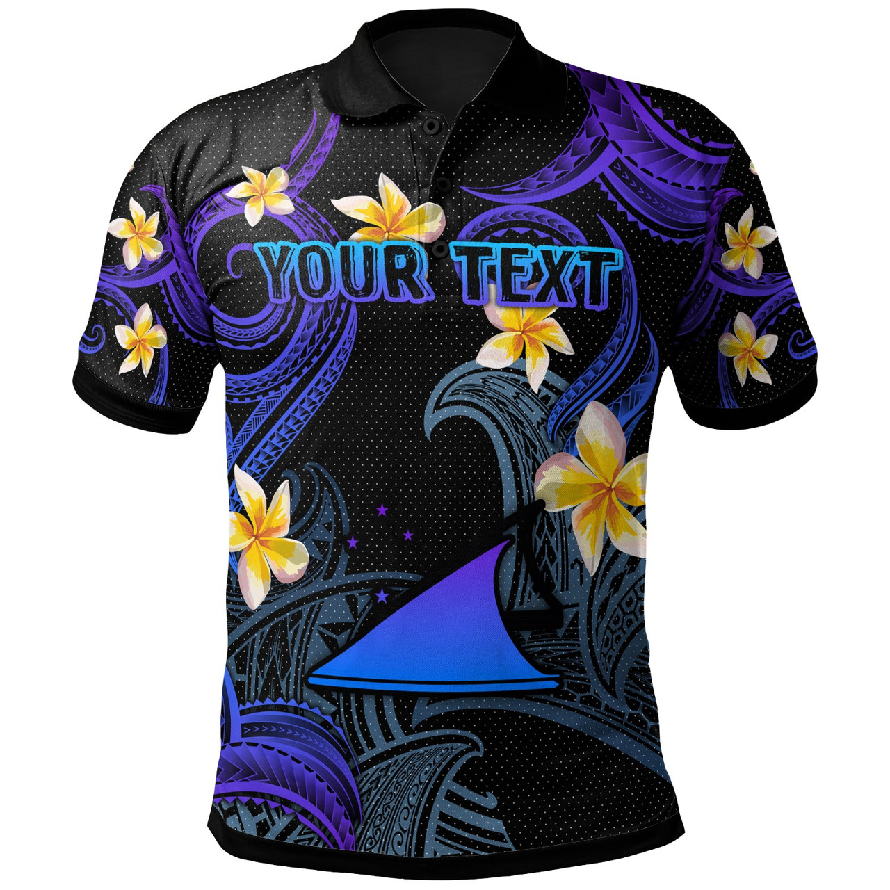Tokelau Polo Shirt - Custom Personalised Polynesian Waves with Plumeria Flowers (Blue)