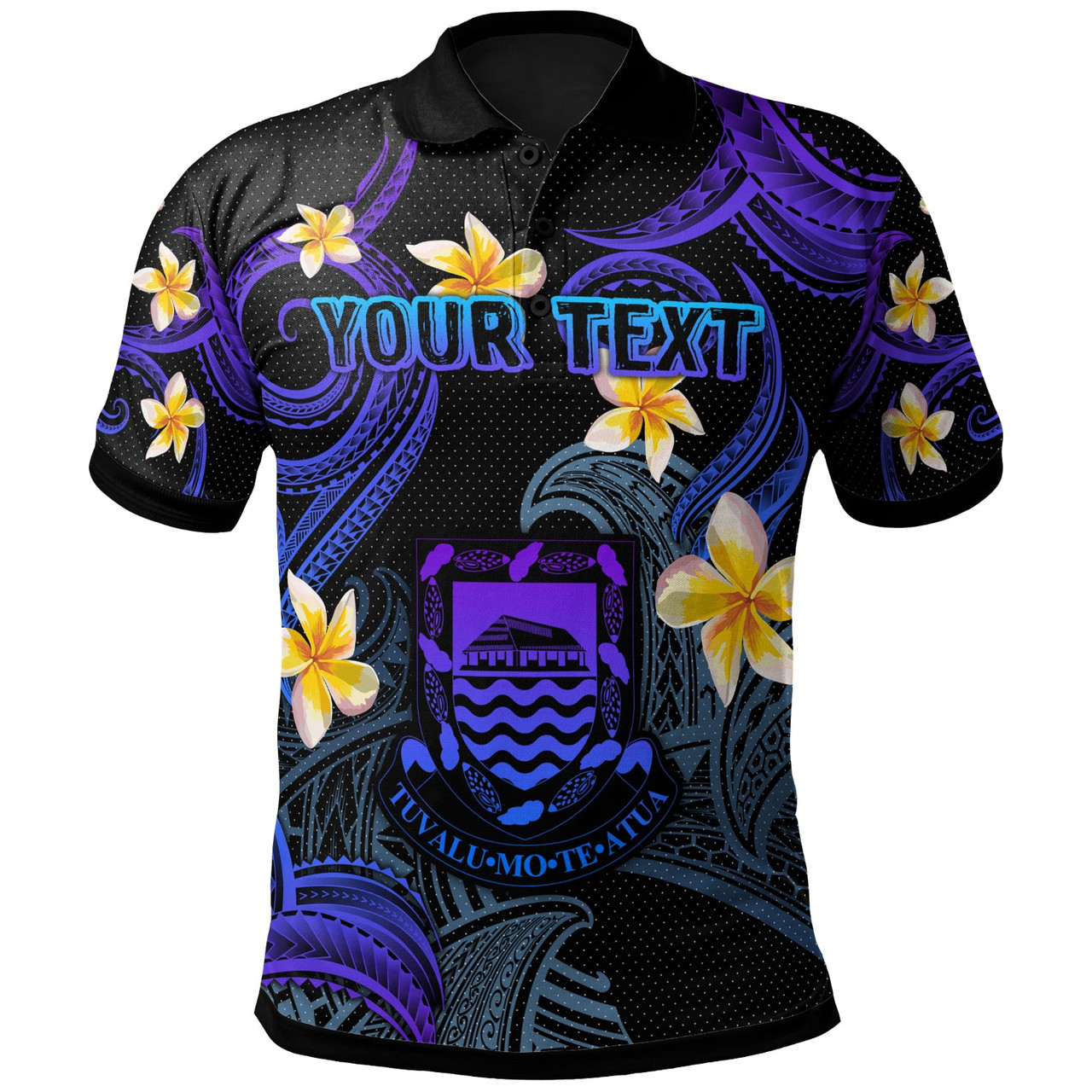 Tuvalu Polo Shirt - Custom Personalised Polynesian Waves with Plumeria Flowers (Blue)