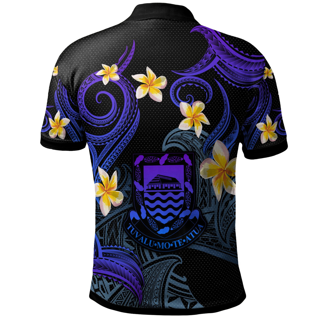 Tuvalu Polo Shirt - Custom Personalised Polynesian Waves with Plumeria Flowers (Blue)