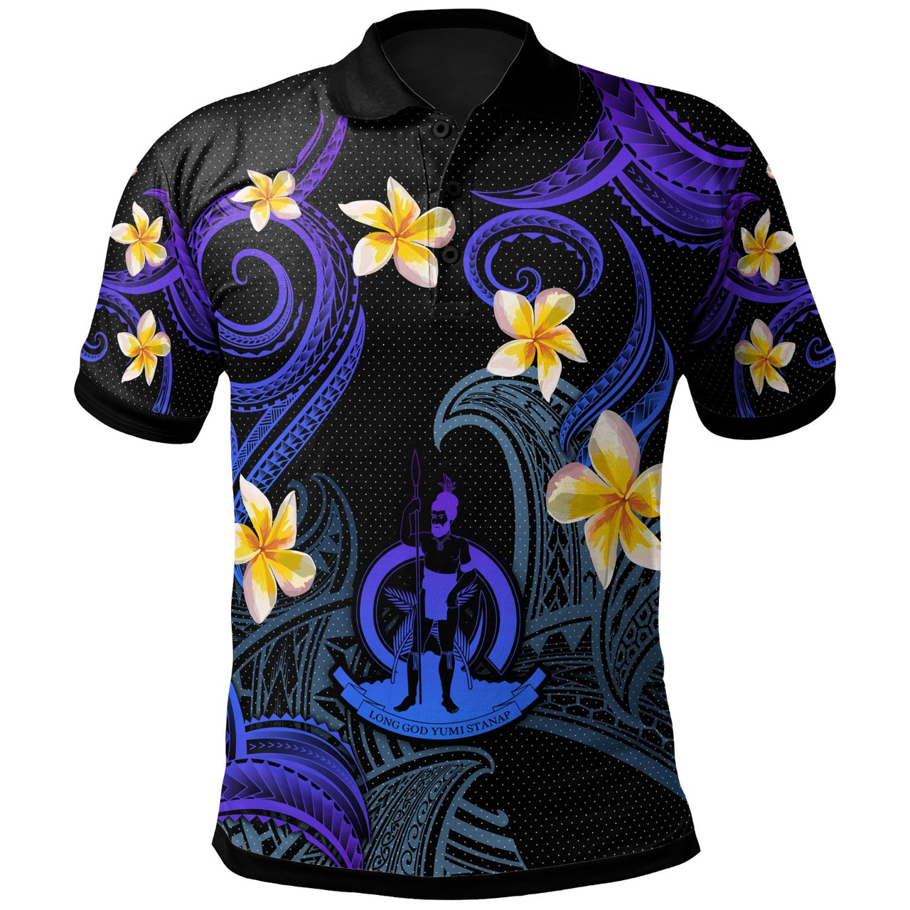 Vanuatu Polo Shirt - Custom Personalised Polynesian Waves with Plumeria Flowers (Blue)