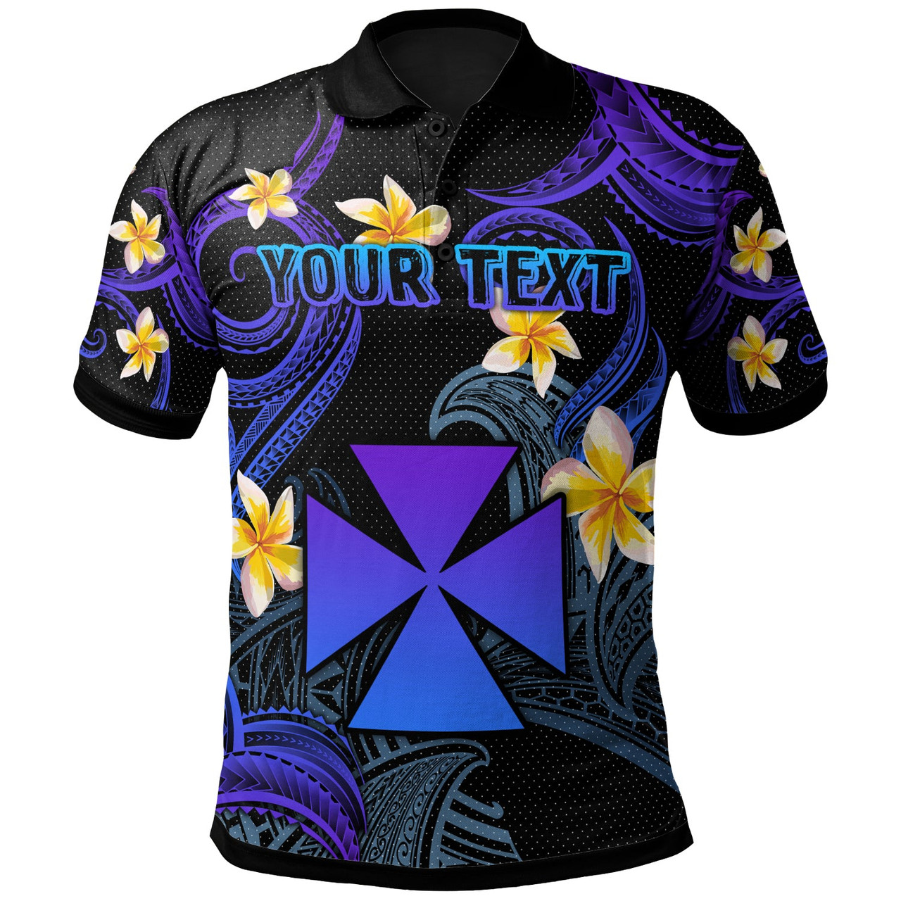 Wallis and Futuna Polo Shirt - Custom Personalised Polynesian Waves with Plumeria Flowers (Blue)