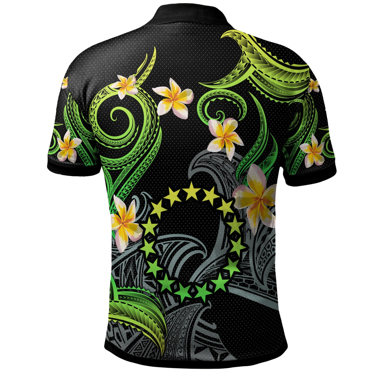 Cook Islands Polo Shirt - Custom Personalised Polynesian Waves with Plumeria Flowers (Green)