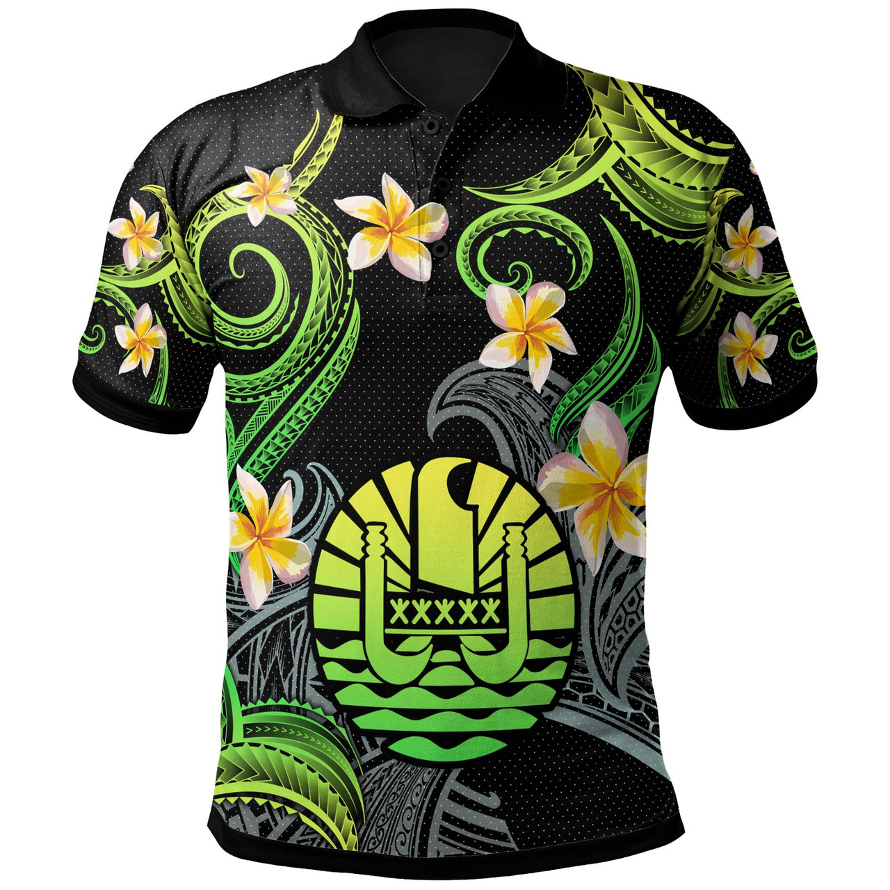 Tahiti Polo Shirt - Custom Personalised Polynesian Waves with Plumeria Flowers (Green)