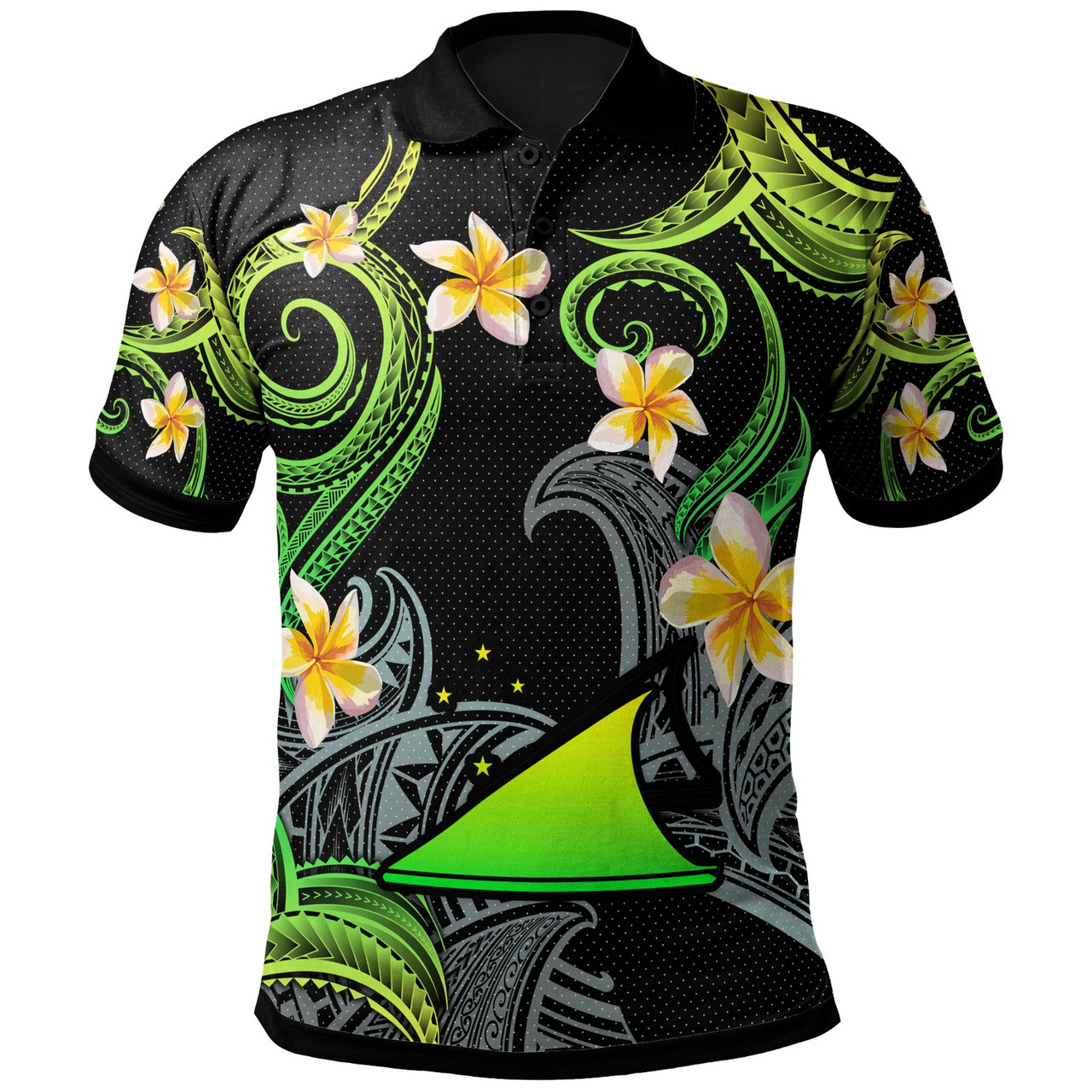 Tokelau Polo Shirt - Custom Personalised Polynesian Waves with Plumeria Flowers (Green)