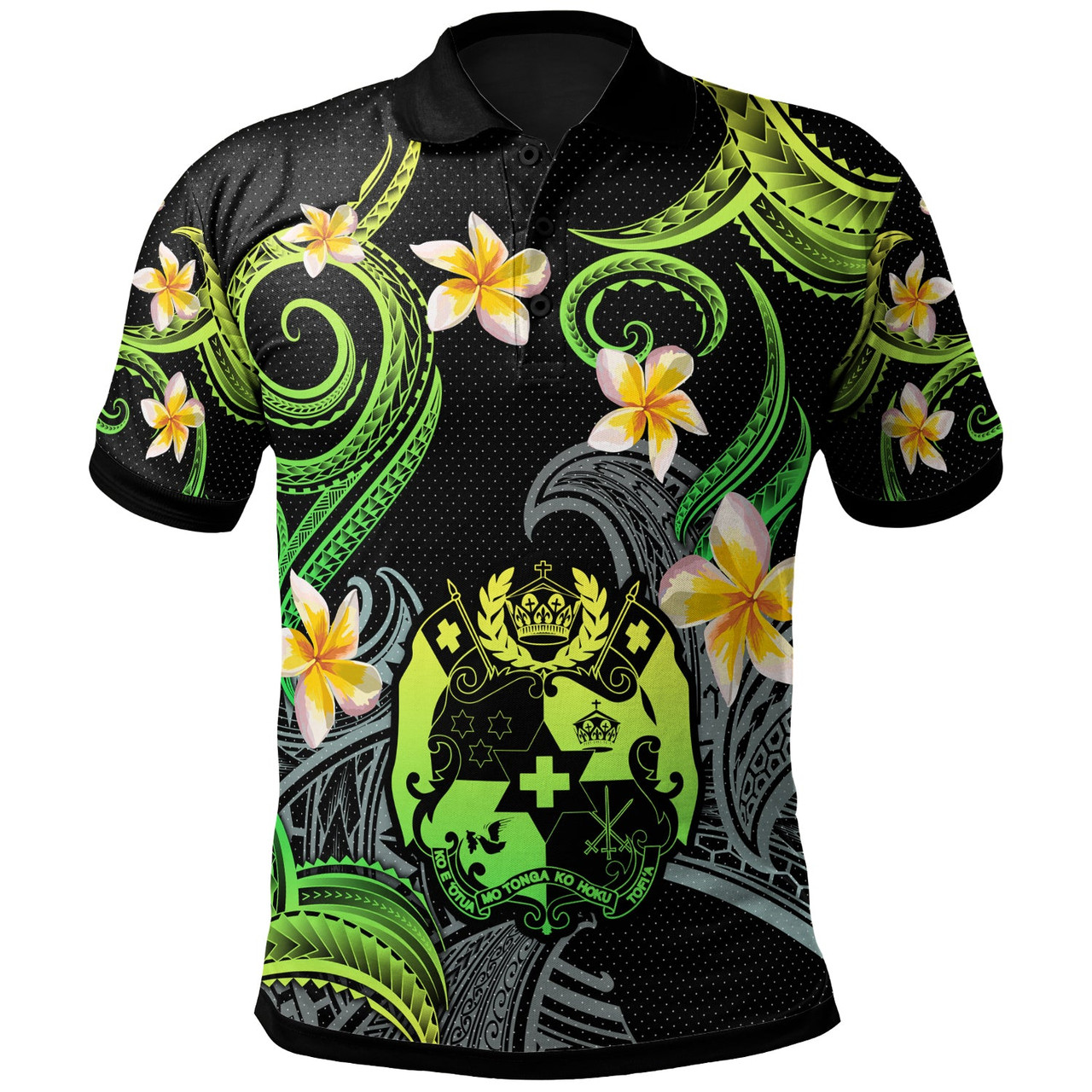 Tonga Polo Shirt - Custom Personalised Polynesian Waves with Plumeria Flowers (Green)