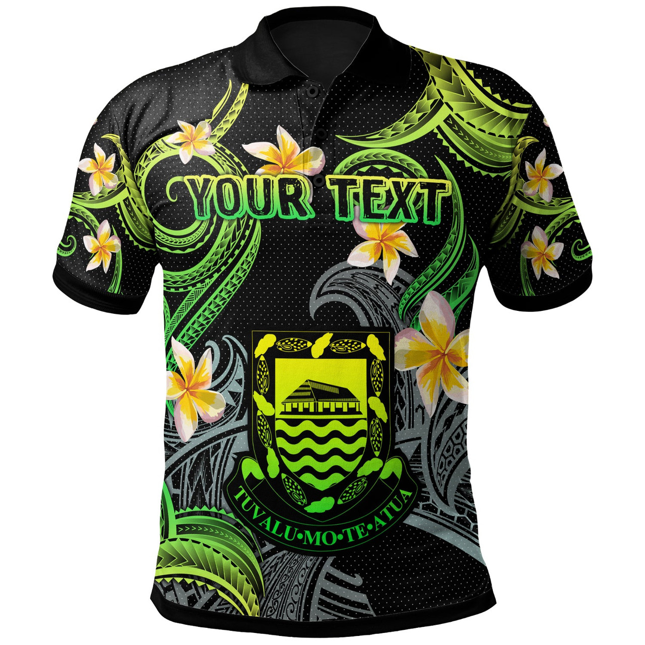 Tuvalu Polo Shirt - Custom Personalised Polynesian Waves with Plumeria Flowers (Green)