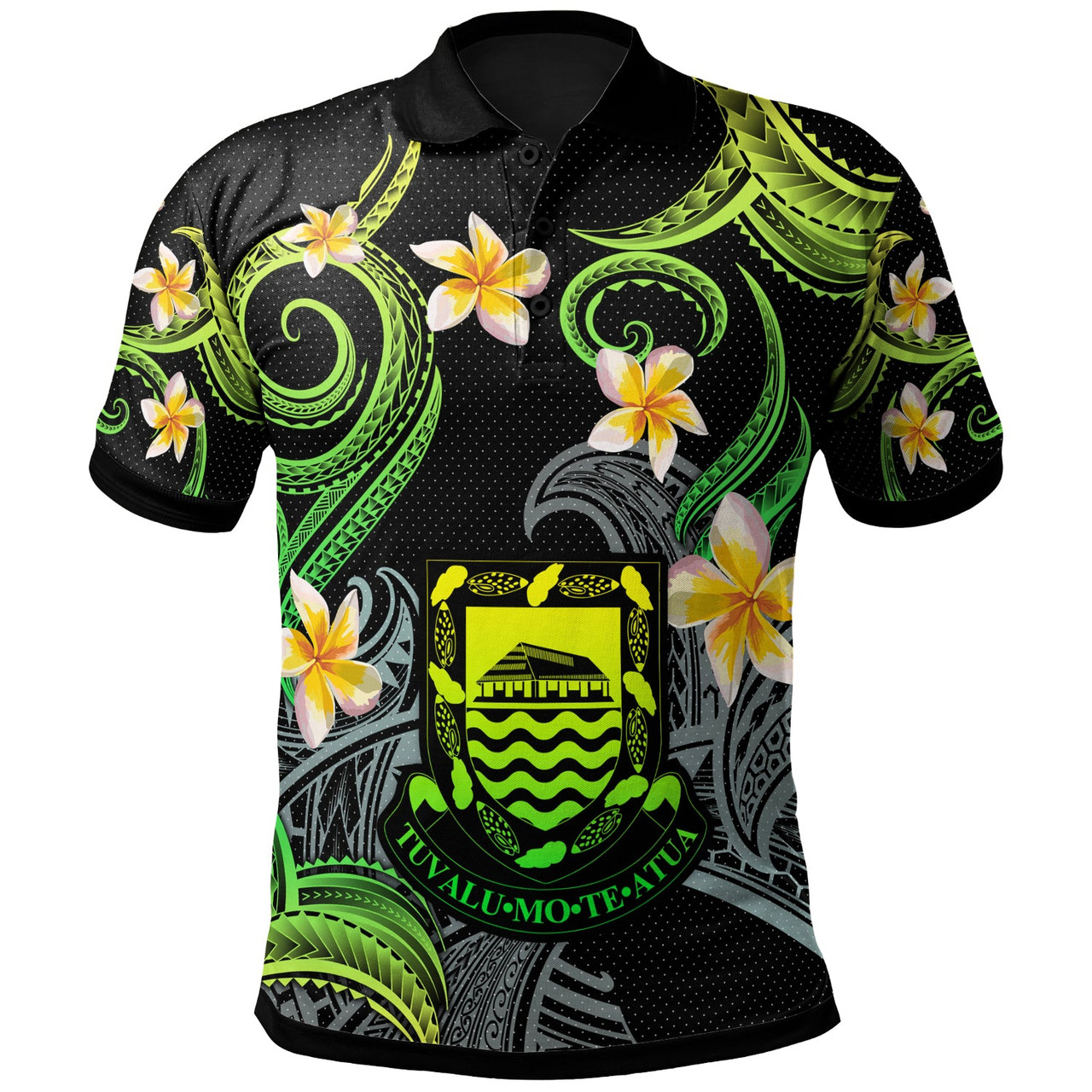Tuvalu Polo Shirt - Custom Personalised Polynesian Waves with Plumeria Flowers (Green)