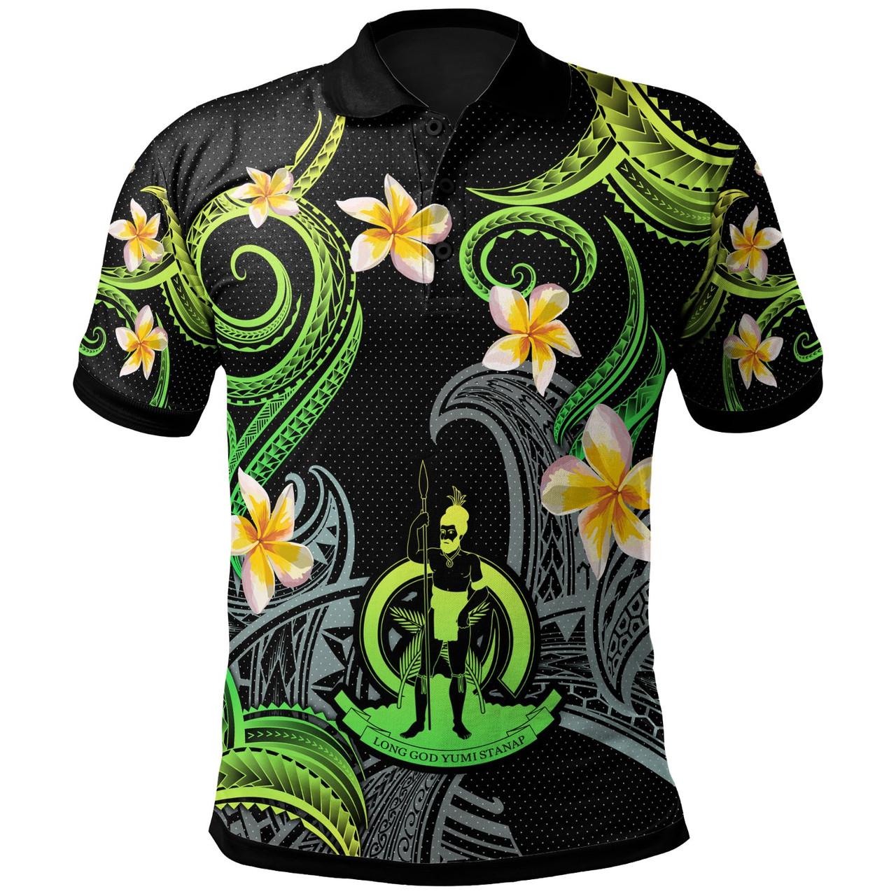 Vanuatu Polo Shirt - Custom Personalised Polynesian Waves with Plumeria Flowers (Green)