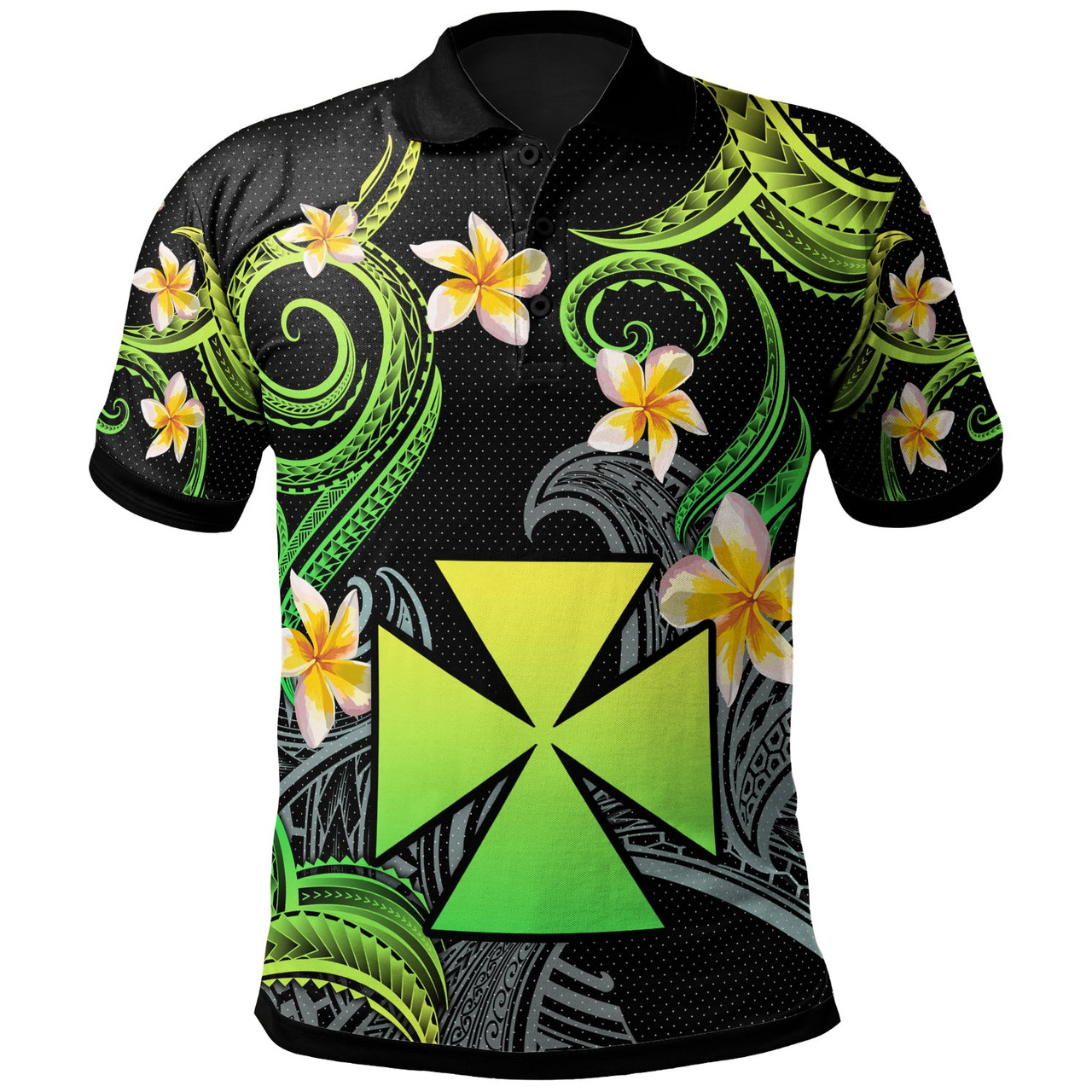 Wallis and Futuna Polo Shirt - Custom Personalised Polynesian Waves with Plumeria Flowers (Green)