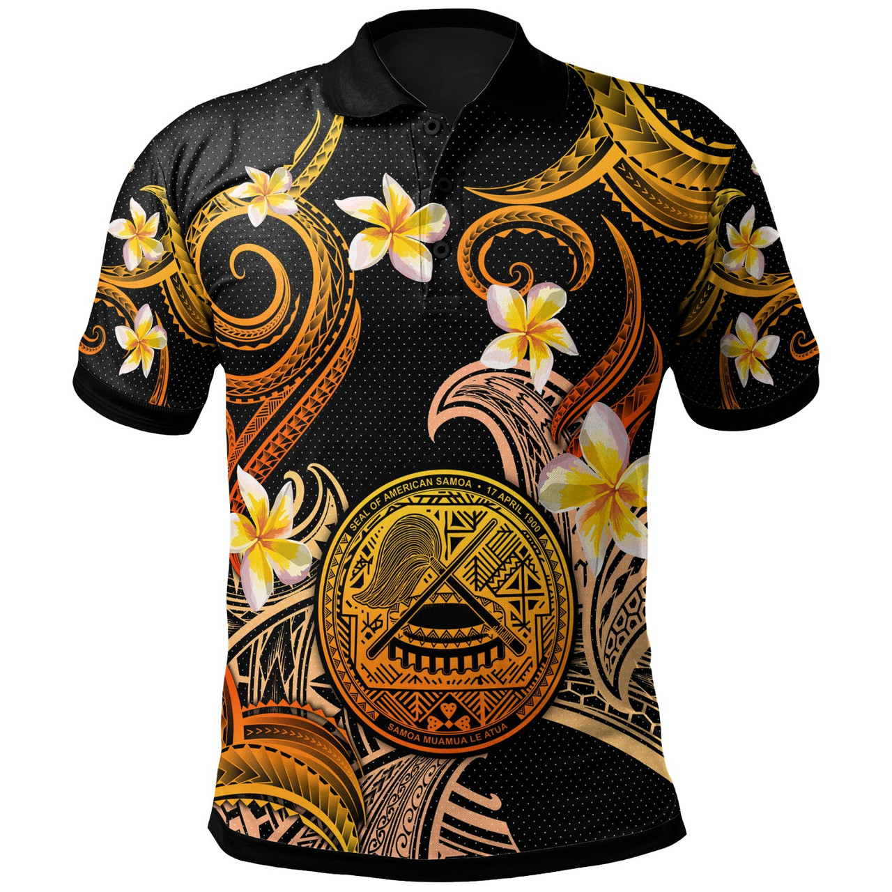 American Samoa Polo Shirt - Custom Personalised Polynesian Waves with Plumeria Flowers (Orange)