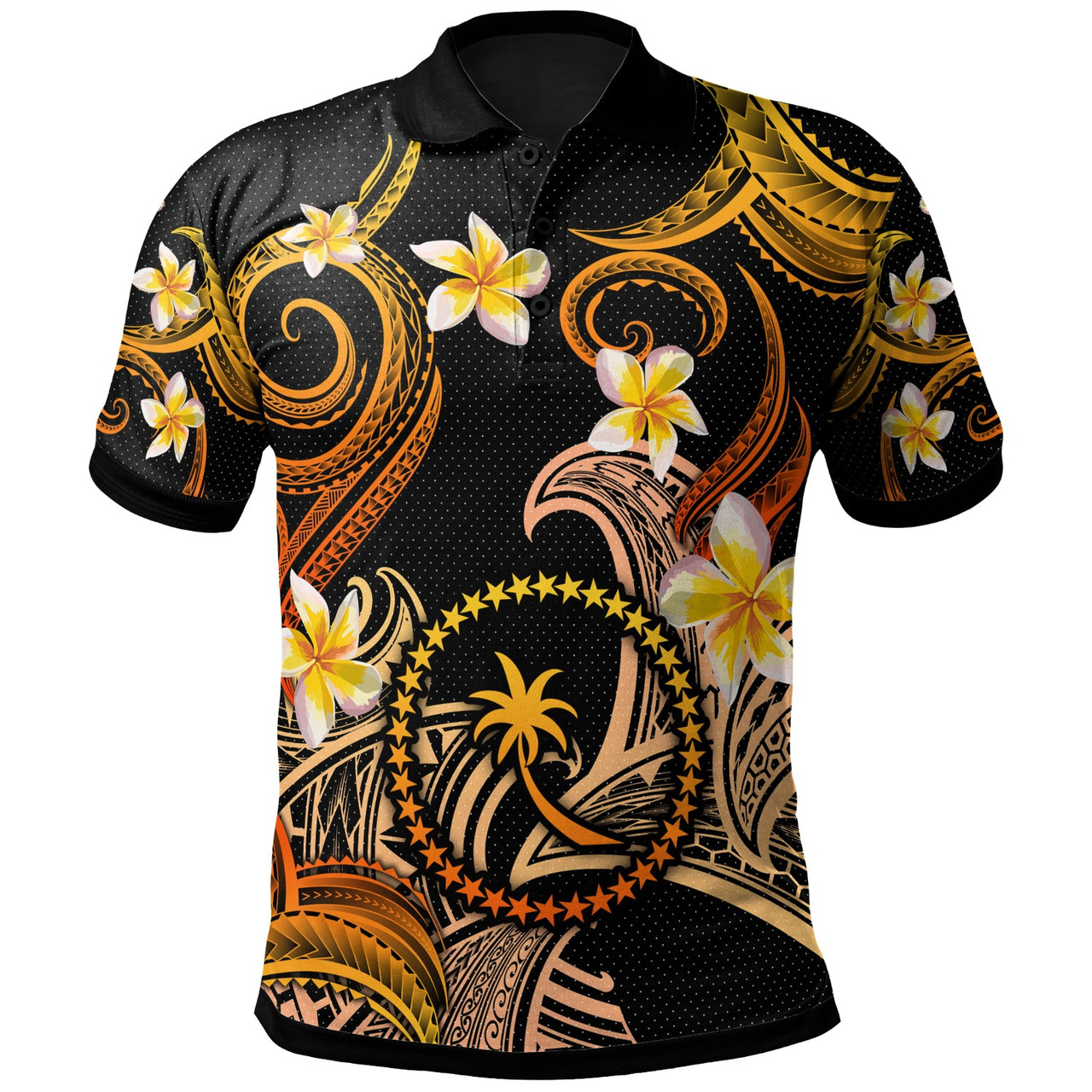 Chuuk Polo Shirt - Custom Personalised Polynesian Waves with Plumeria Flowers (Orange)