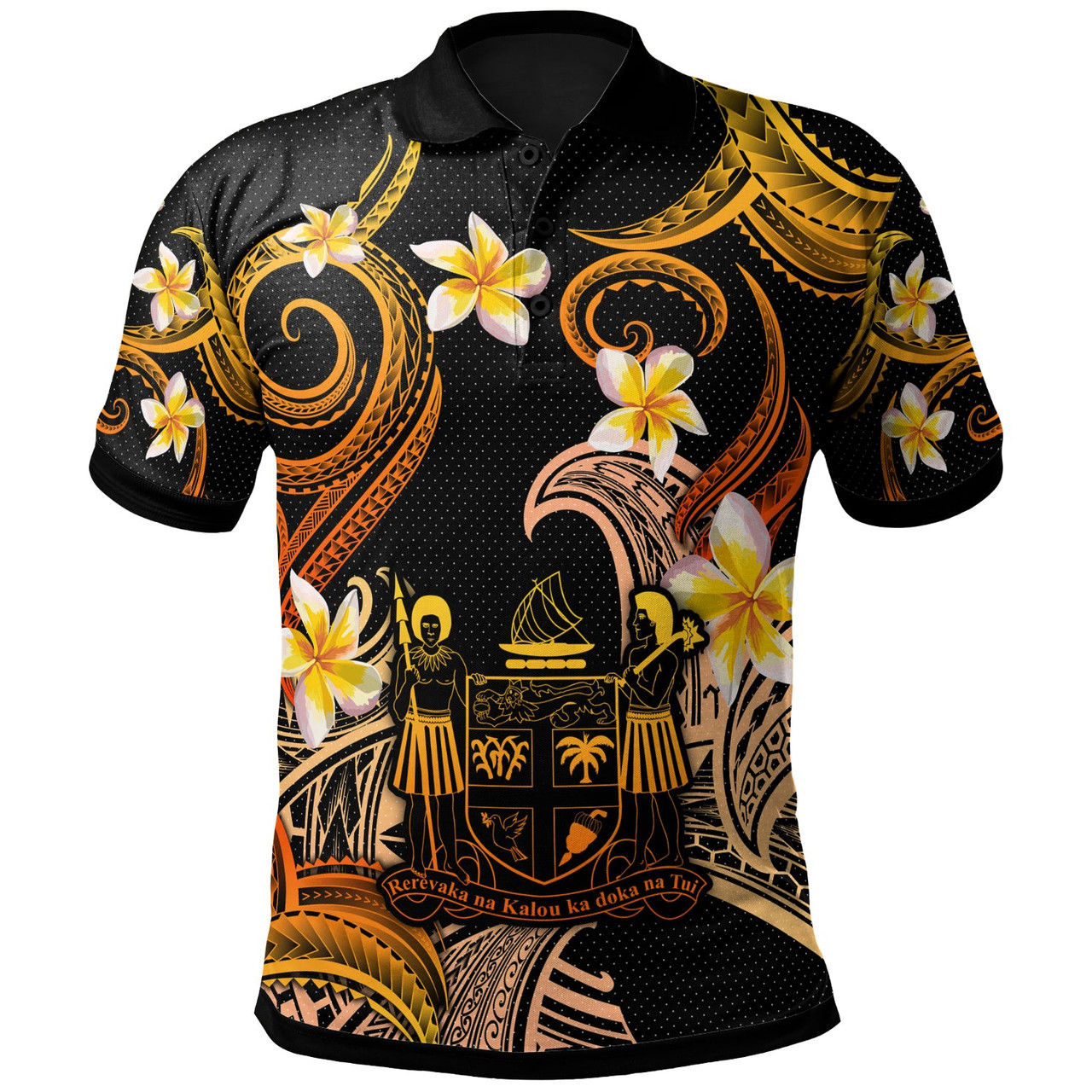 Fiji Polo Shirt - Custom Personalised Polynesian Waves with Plumeria Flowers (Orange)