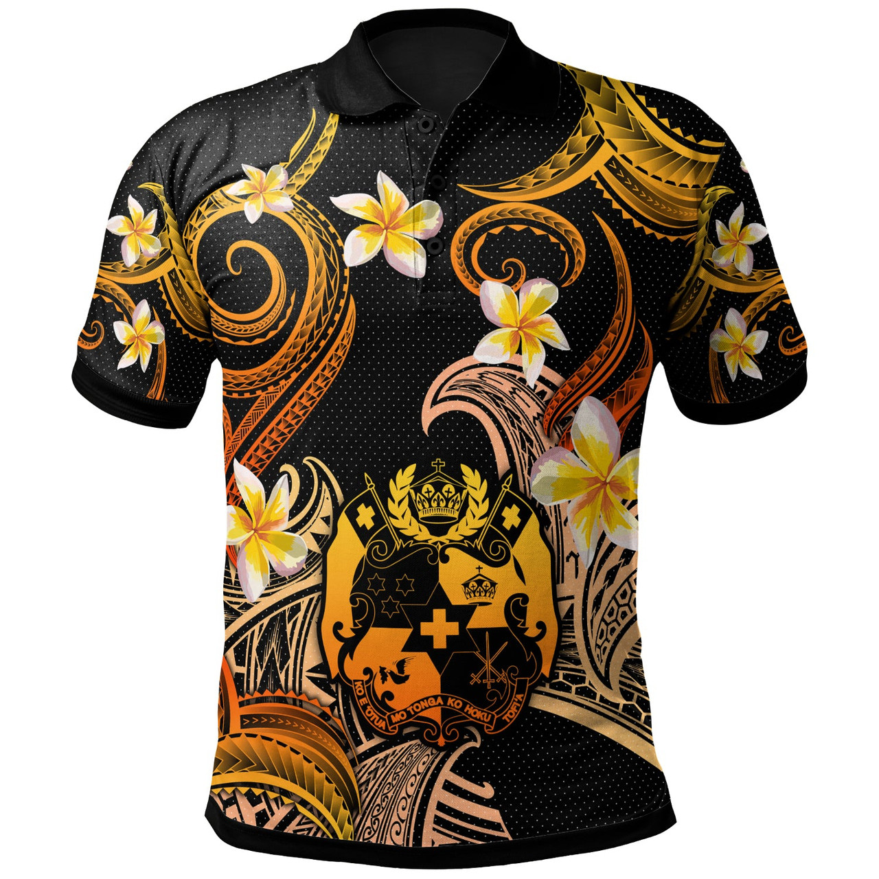 Tonga Polo Shirt - Custom Personalised Polynesian Waves with Plumeria Flowers (Orange)