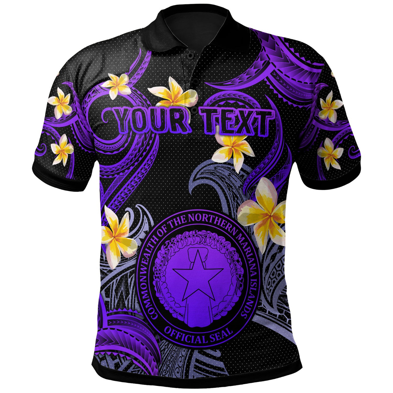 CMNI Polo Shirt - Custom Personalised Polynesian Waves with Plumeria Flowers (Purple)