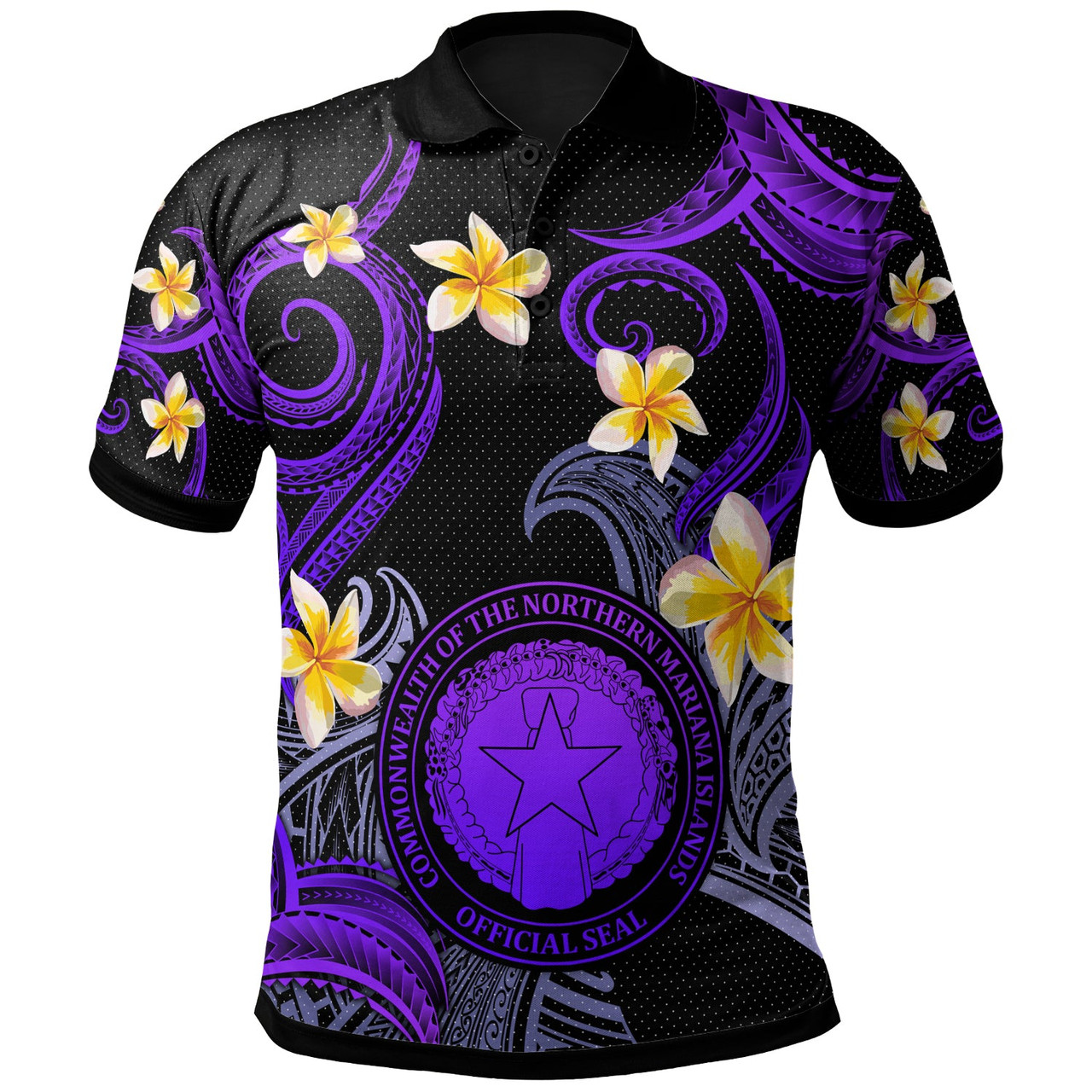 CMNI Polo Shirt - Custom Personalised Polynesian Waves with Plumeria Flowers (Purple)